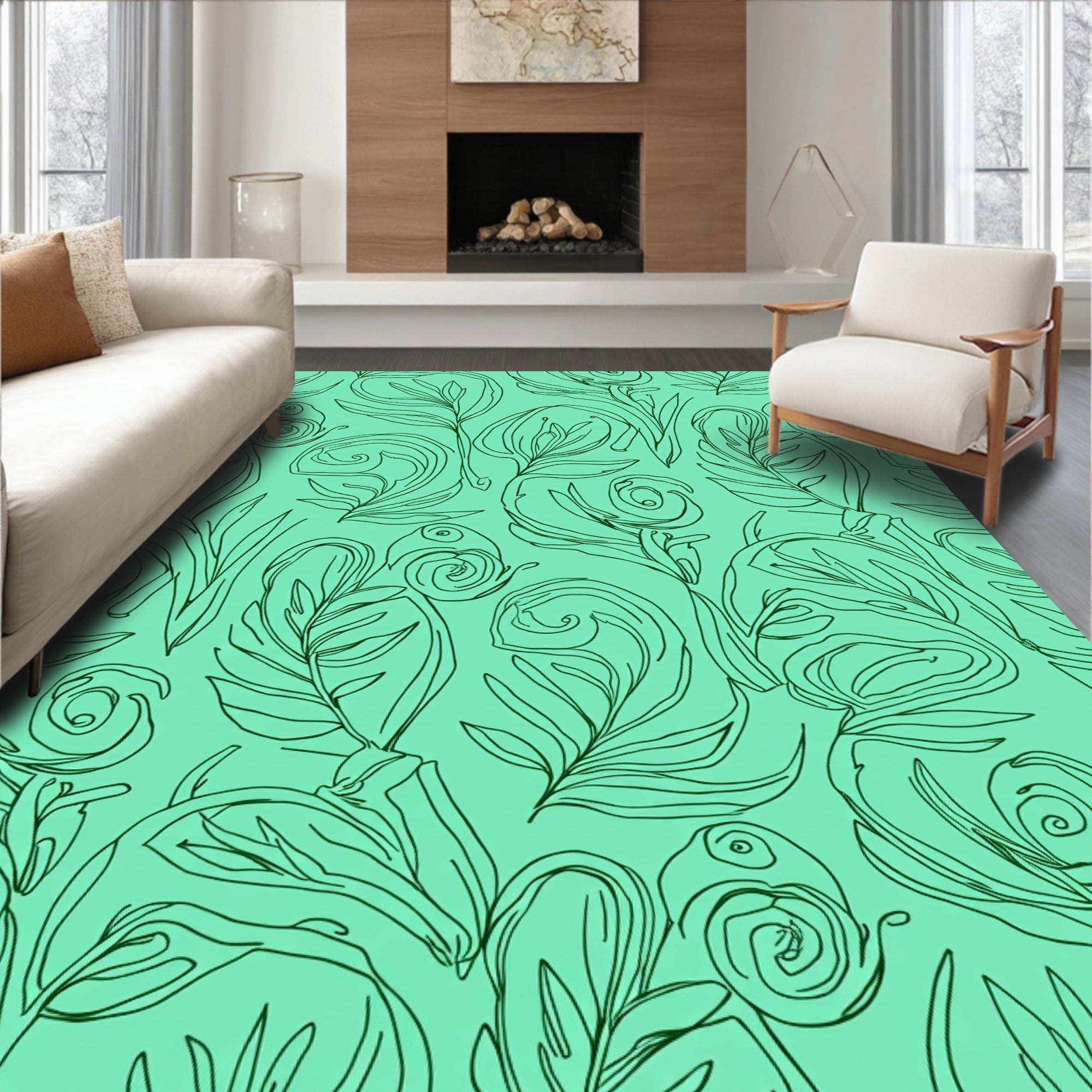 Teal Leafy Swirl Line Art Rug