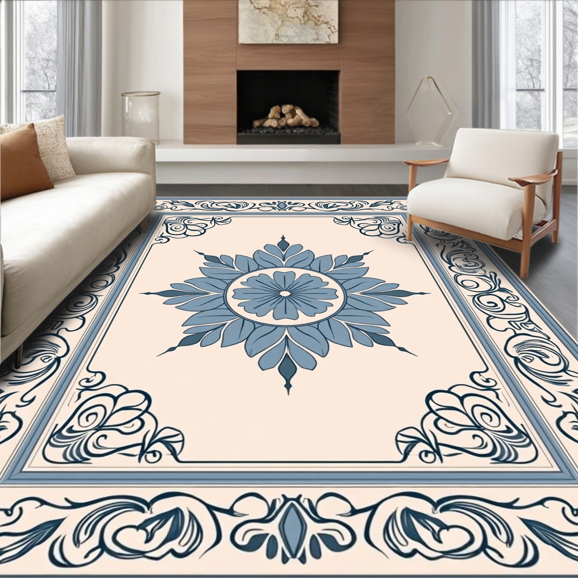 Ornate Blue Floral Mandala Pattern Rug