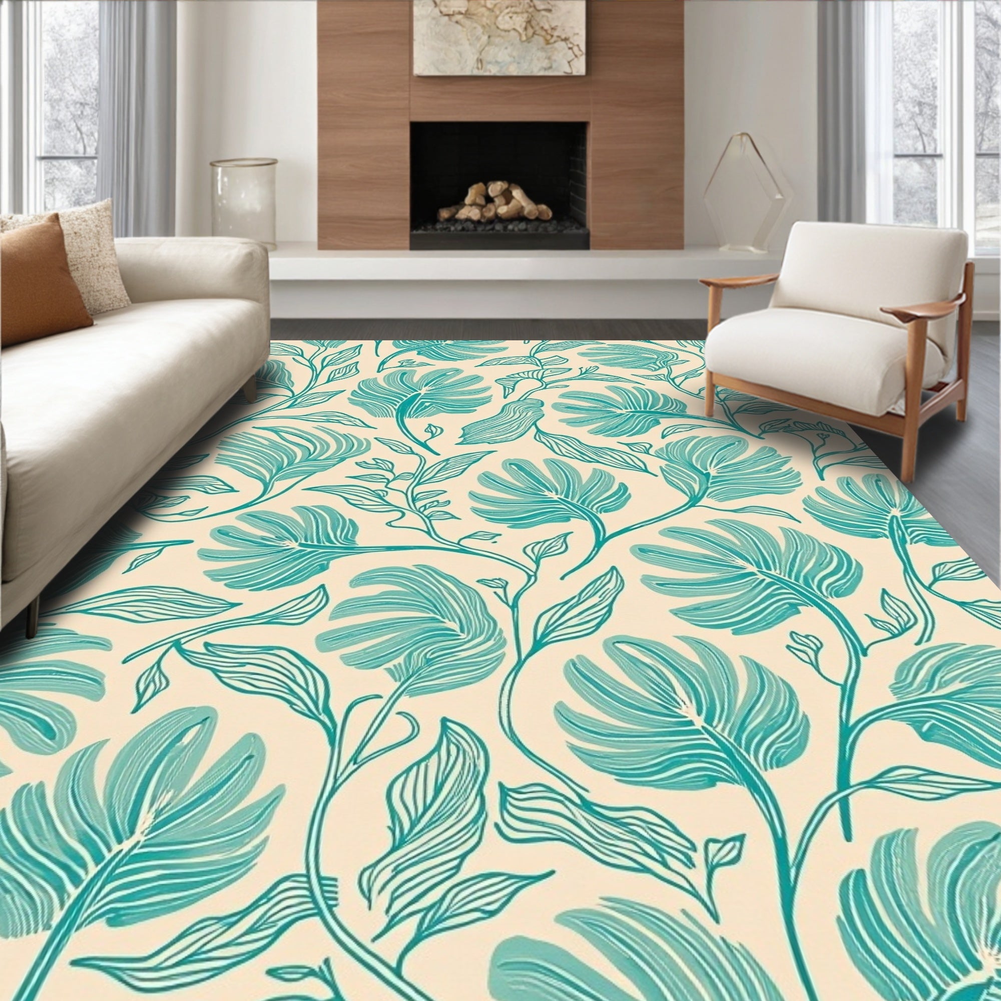 Teal Leafy Floral Art Pattern Rug