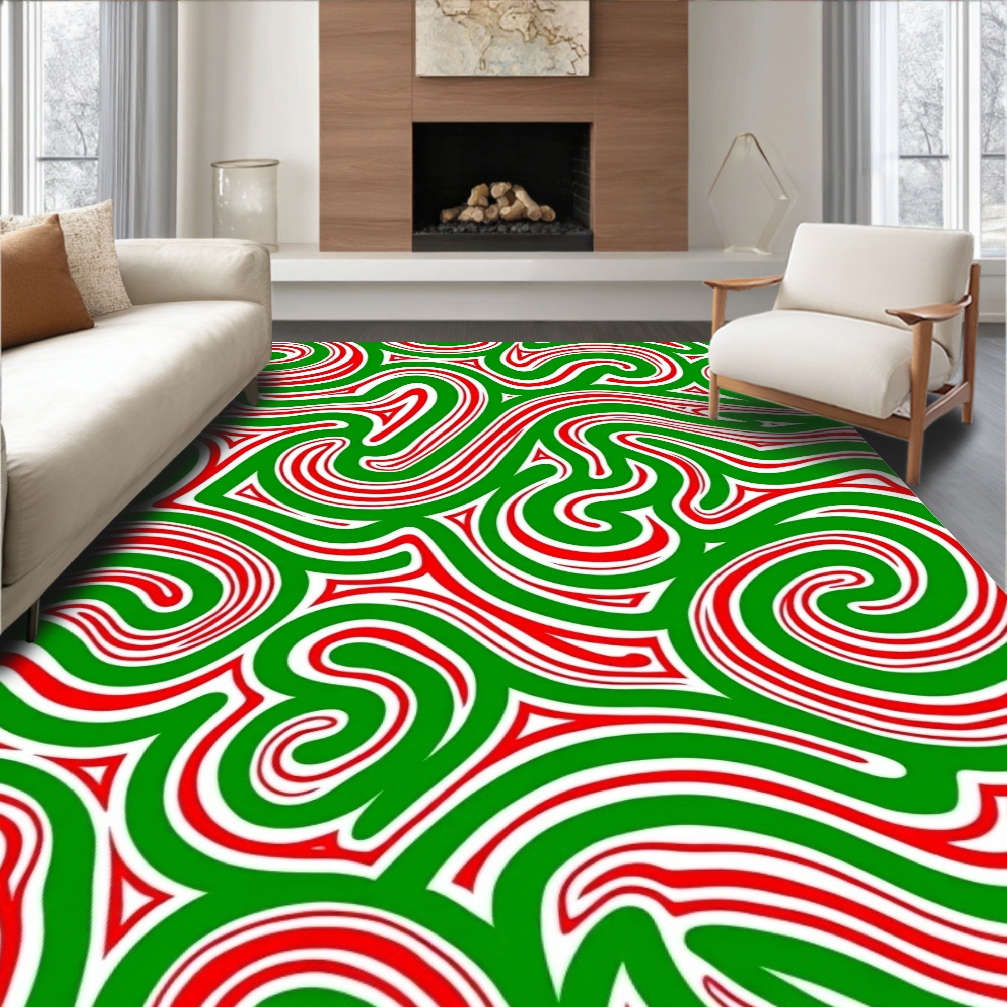 Crimson Swirls and Green Waves Rug