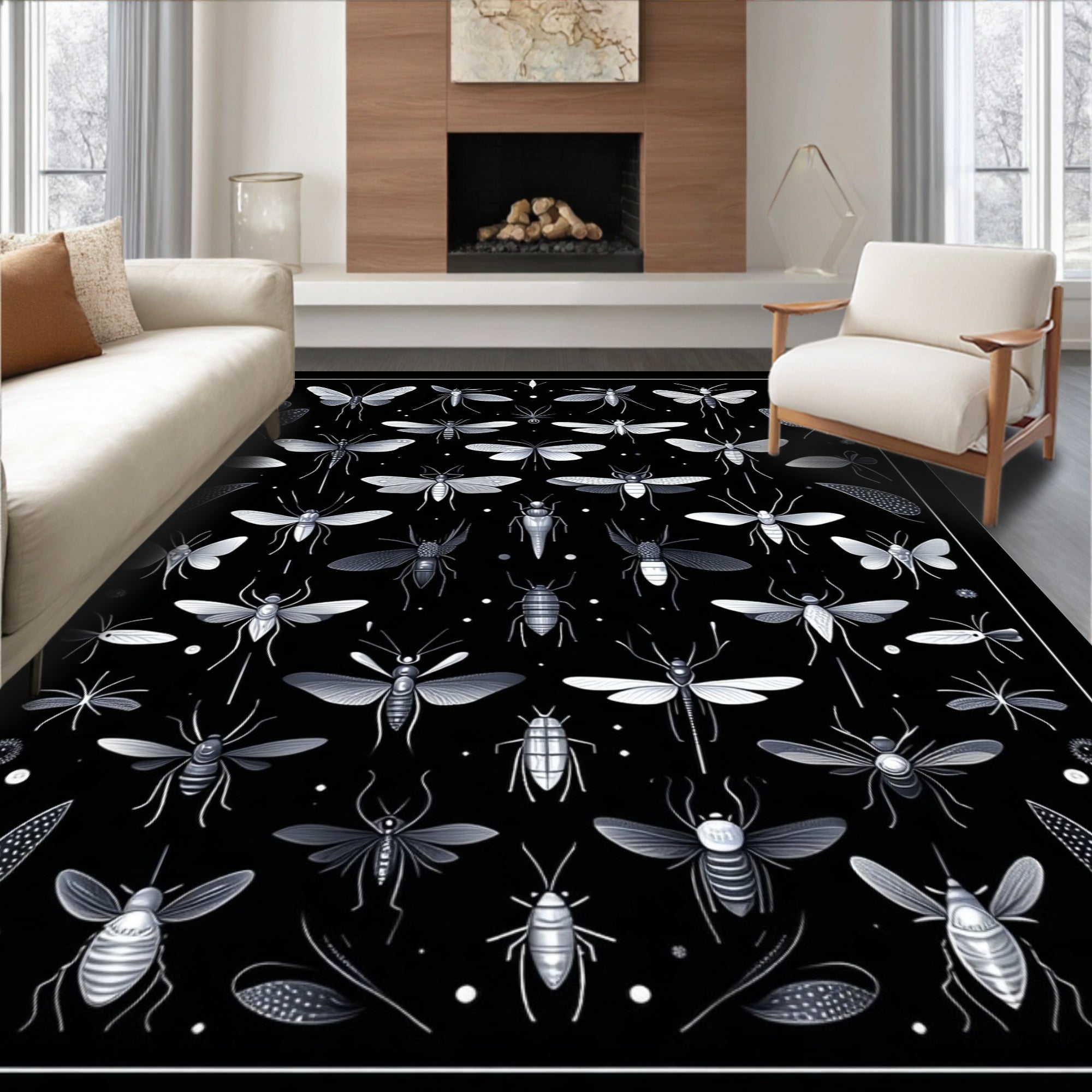 Insects Motif on Dark Background Rug