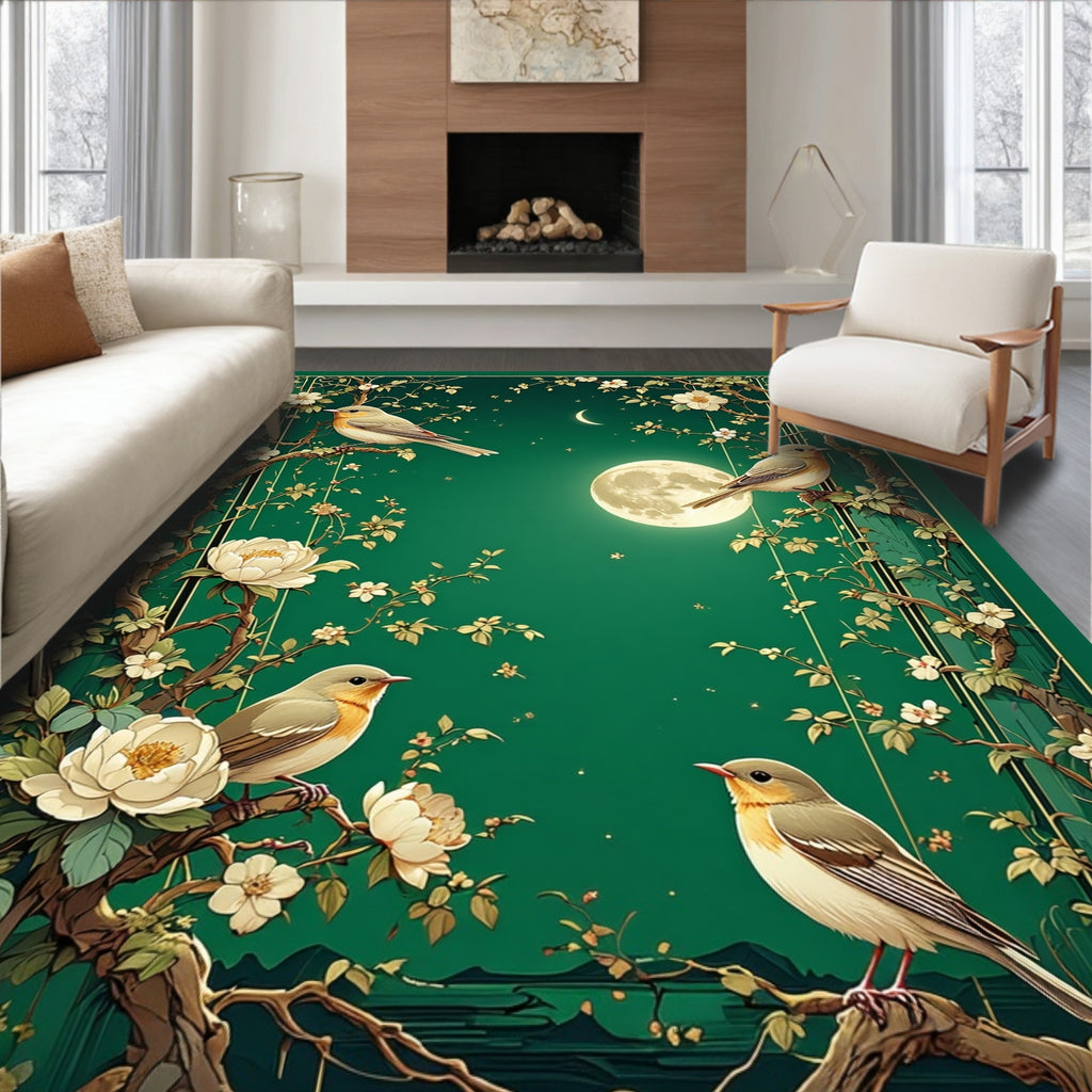 Birds Blossoms Green Chinoiserie Rug