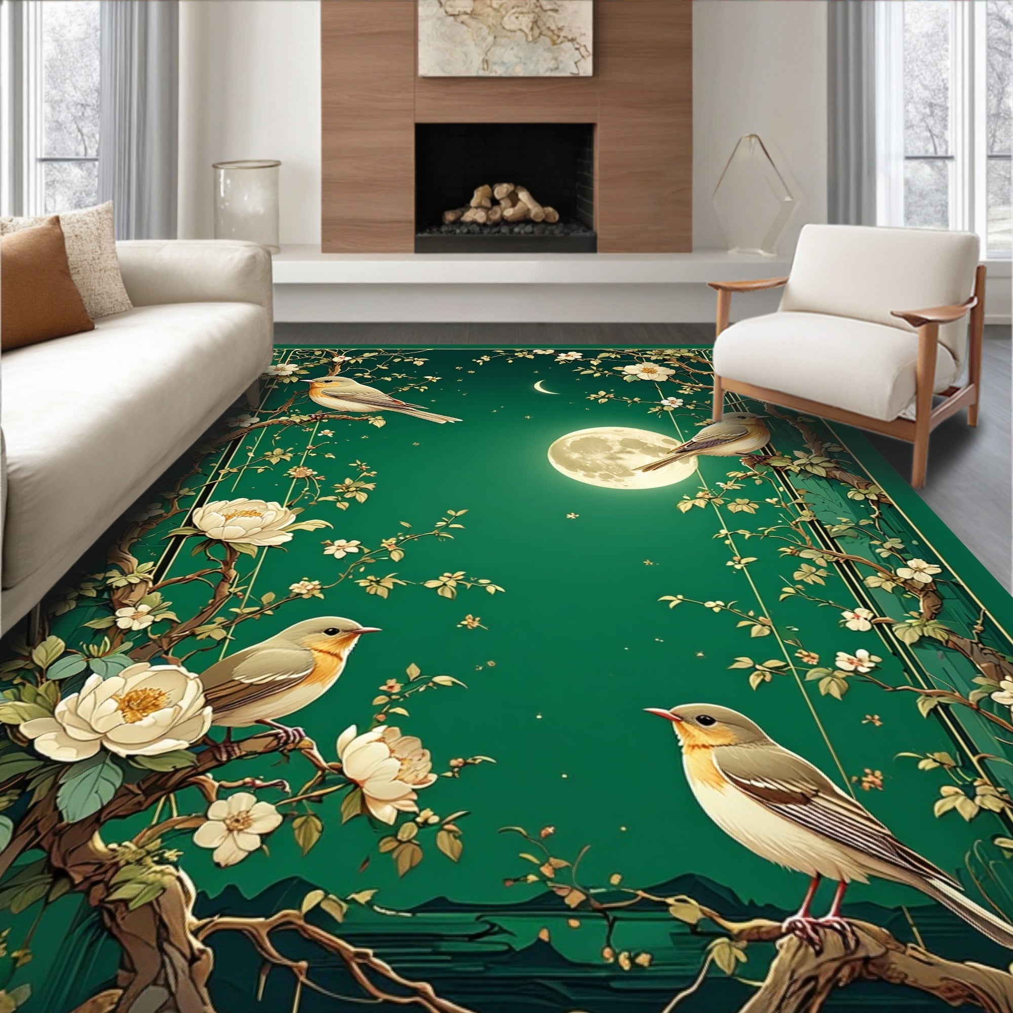 Birds Blossoms Green Chinoiserie Rug