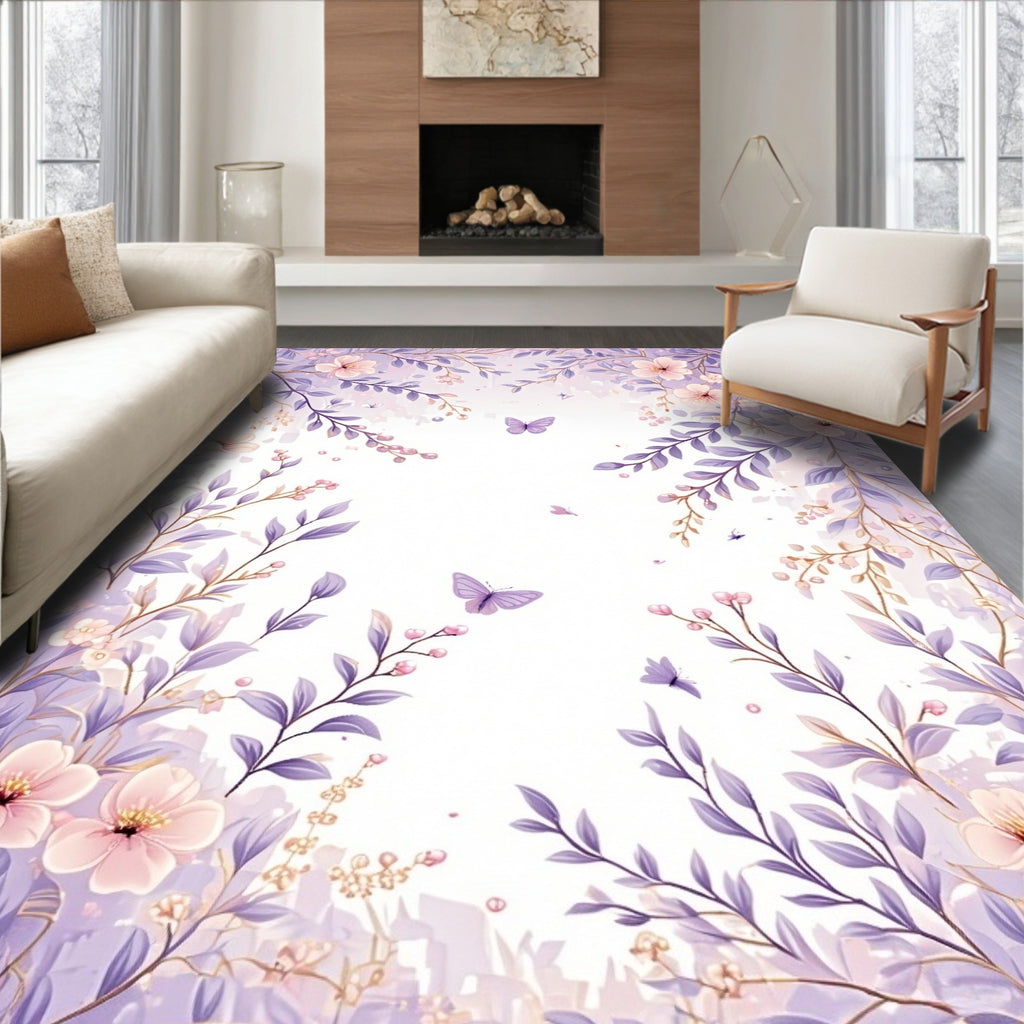 Whimsical Floral Butterfly Meadow Design Rug