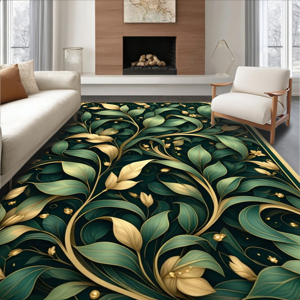 Dark Green Floral Botanical Vines Rug