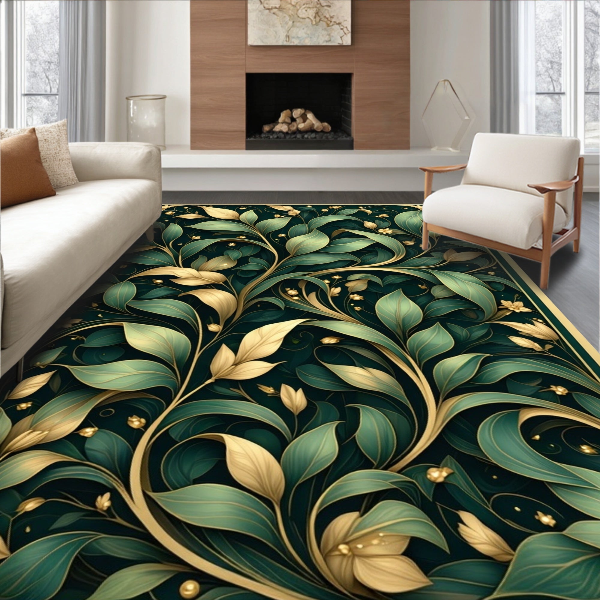 Dark Green Floral Botanical Vines Rug