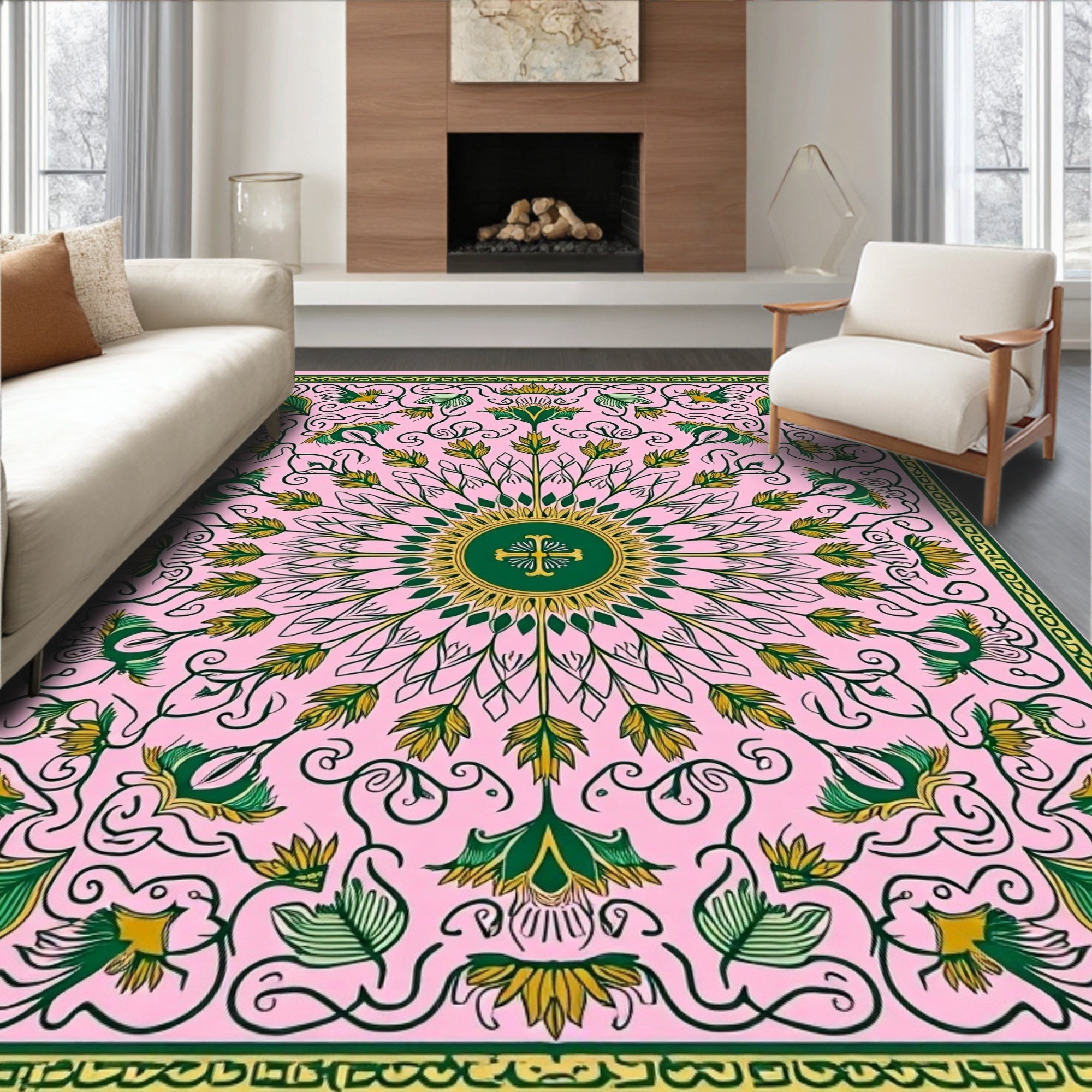 Delicate Floral Scroll Pink Green Rug