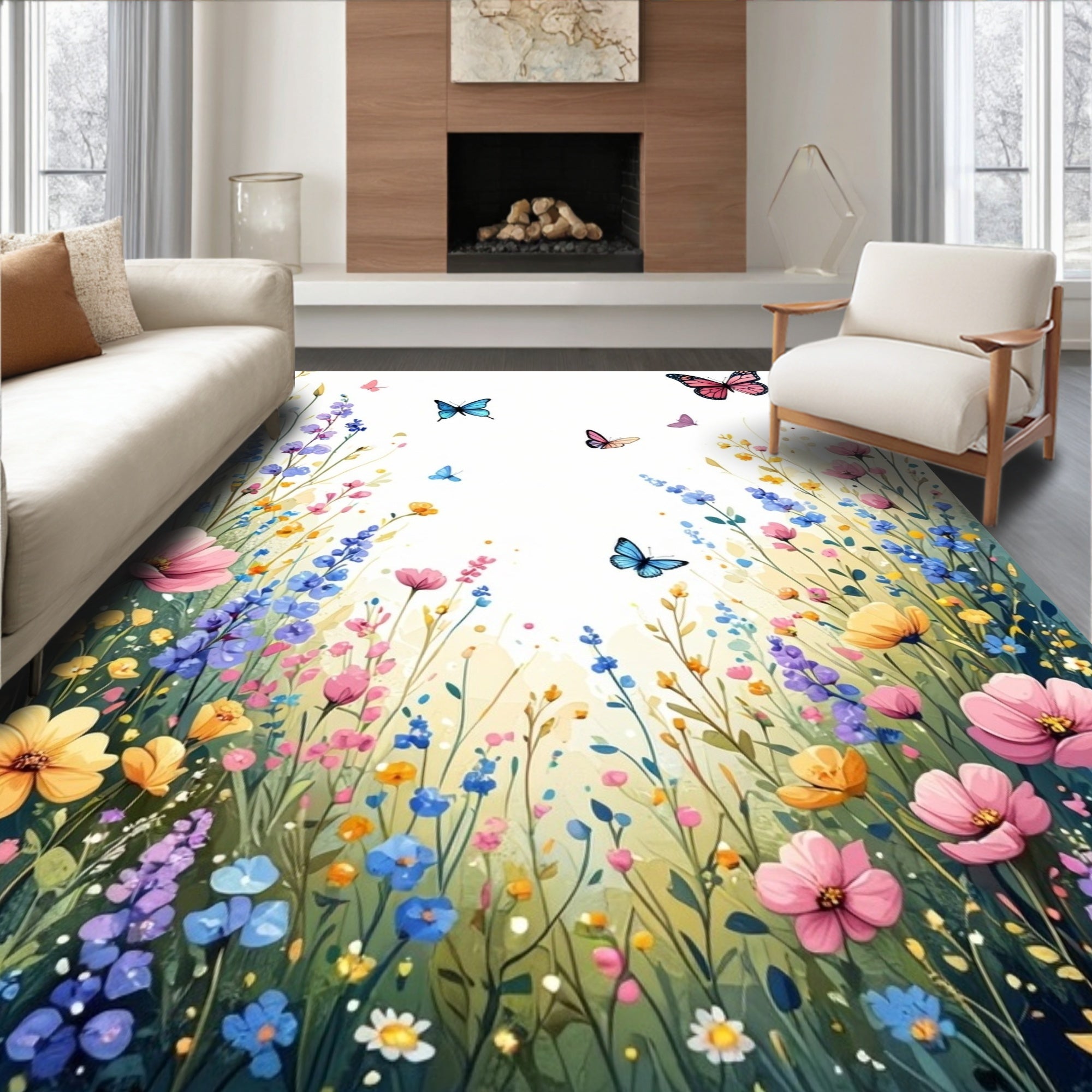 Whimsical Floral Butterflies Meadow Design Rug