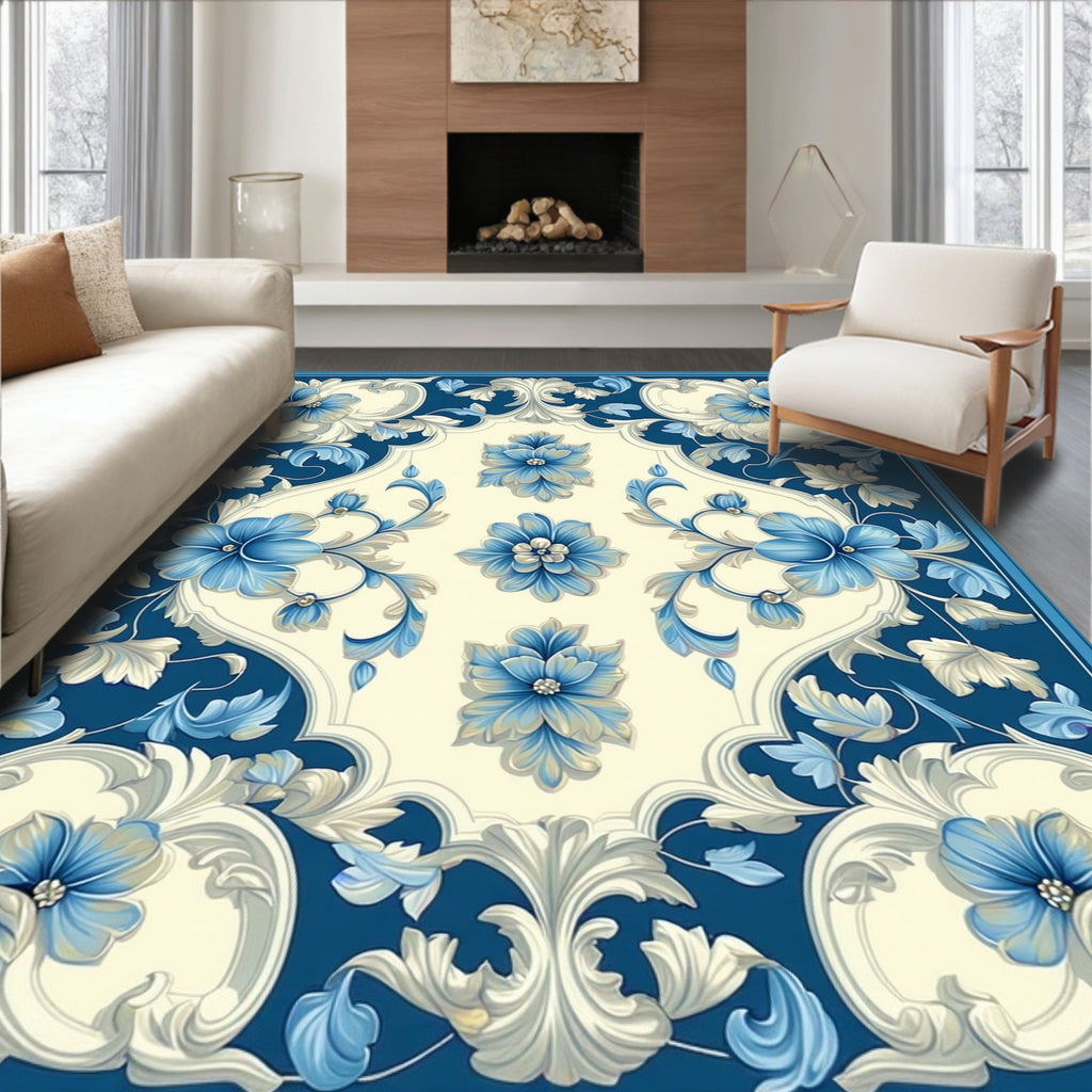 Elegant Blue Floral Scroll Pattern Rug