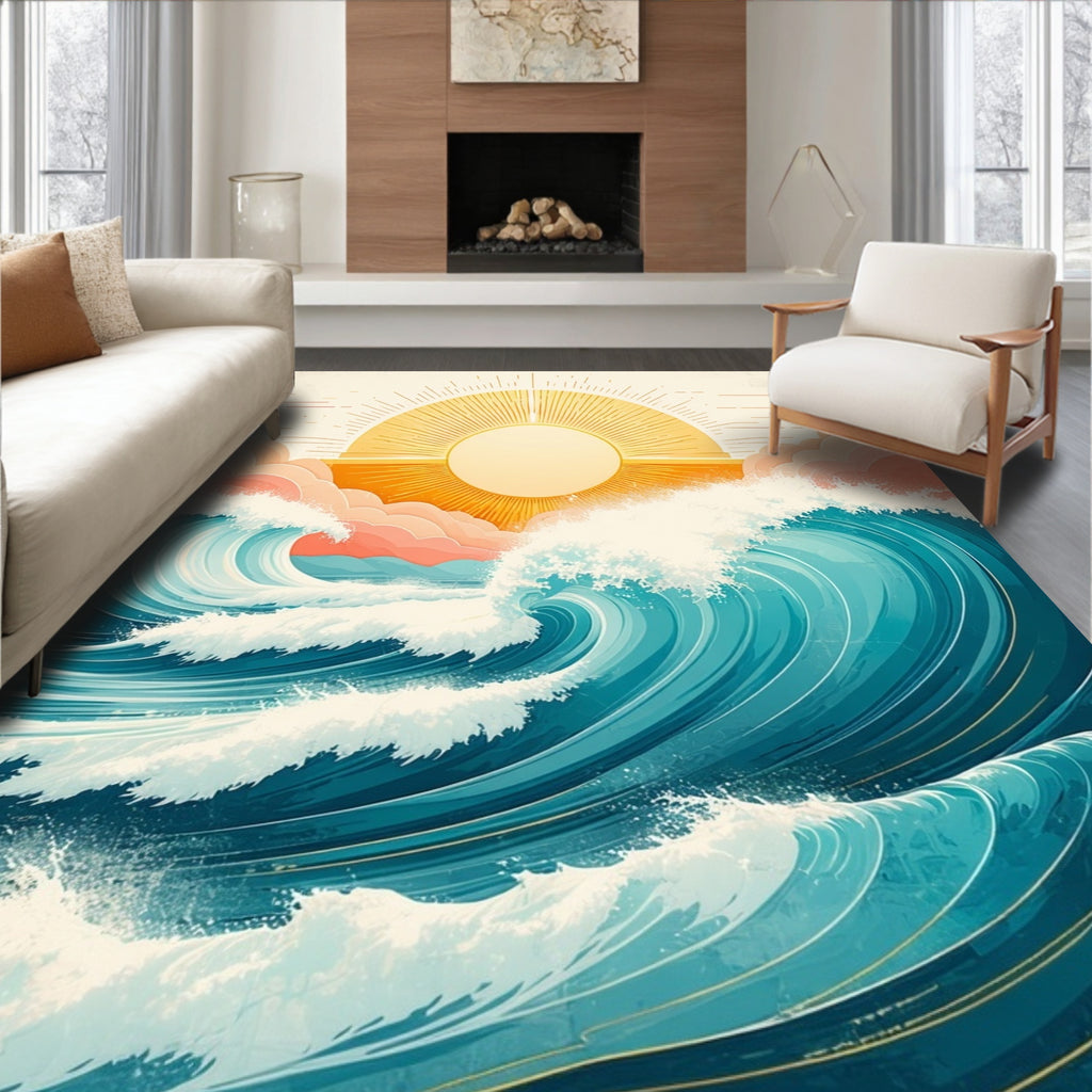 Stylized Ocean Waves Sunburst Design Rug