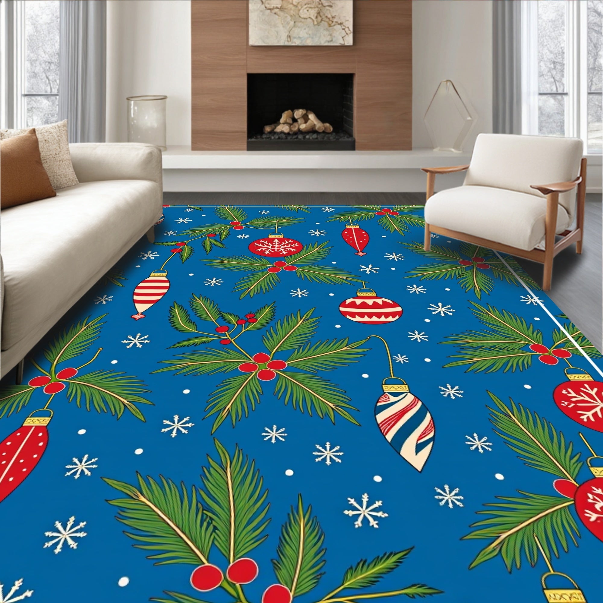 Festive Red Green Ornaments Snowflakes Rug