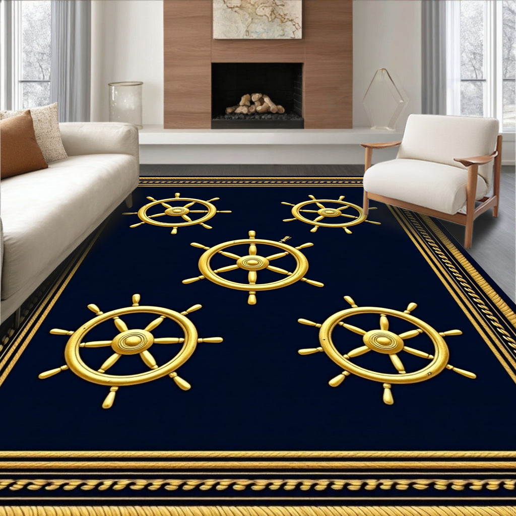 Golden Ship Wheels Navy Nautical Rug