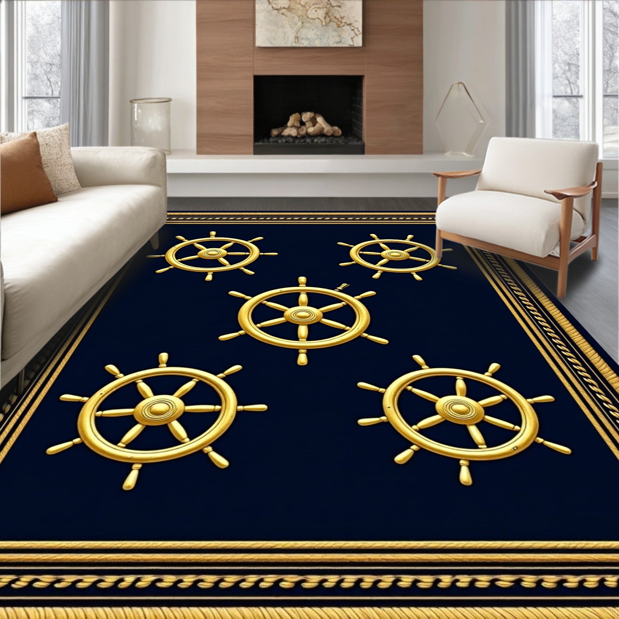 Golden Ship Wheels Navy Nautical Rug