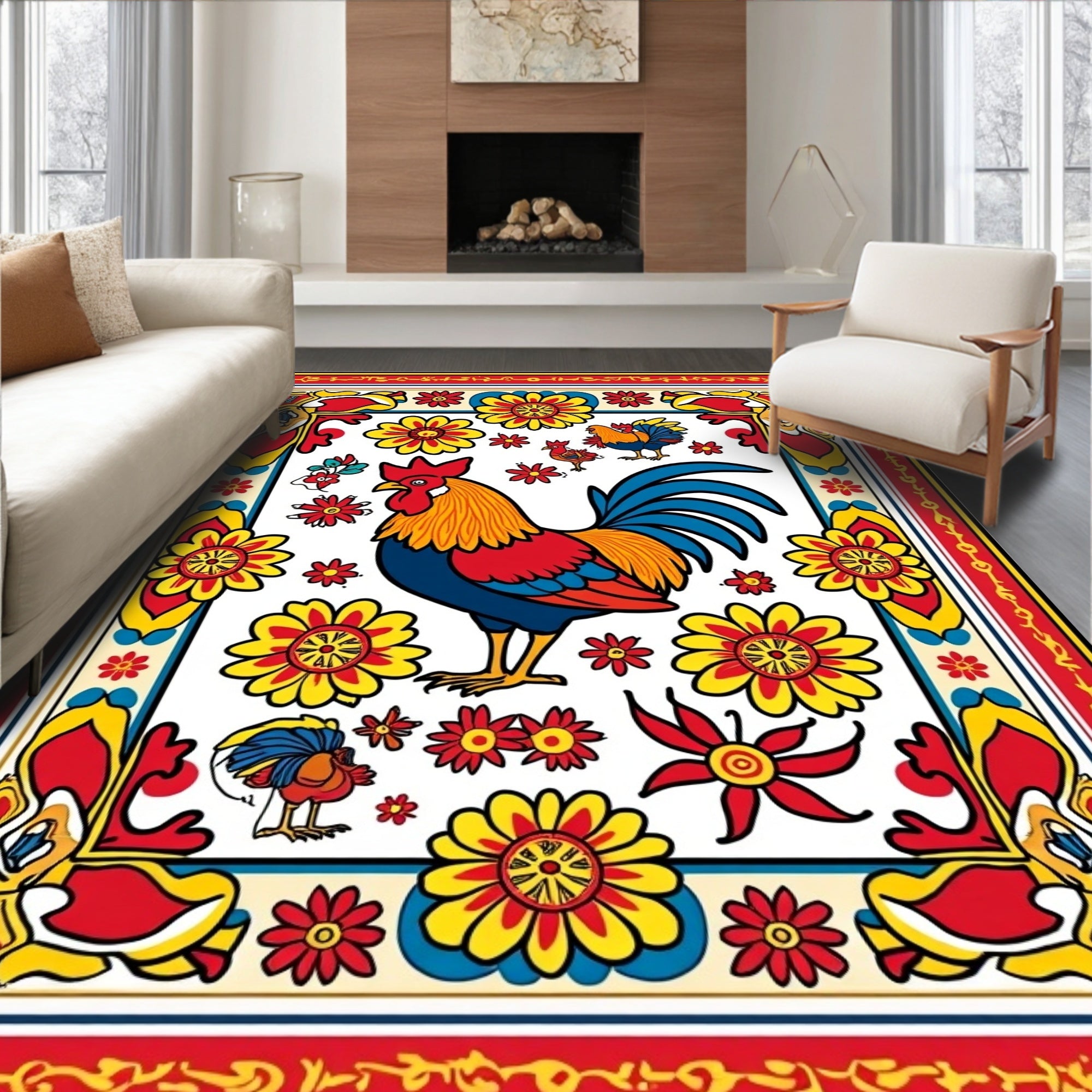 Rooster Floral Pattern In Red Yellow Rug