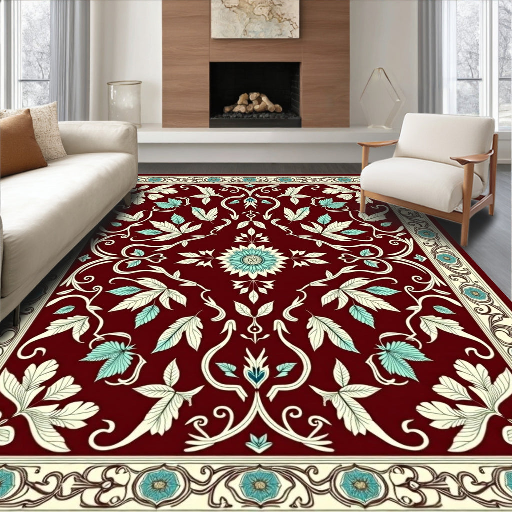 Rich Burgundy Floral Vines Design Rug