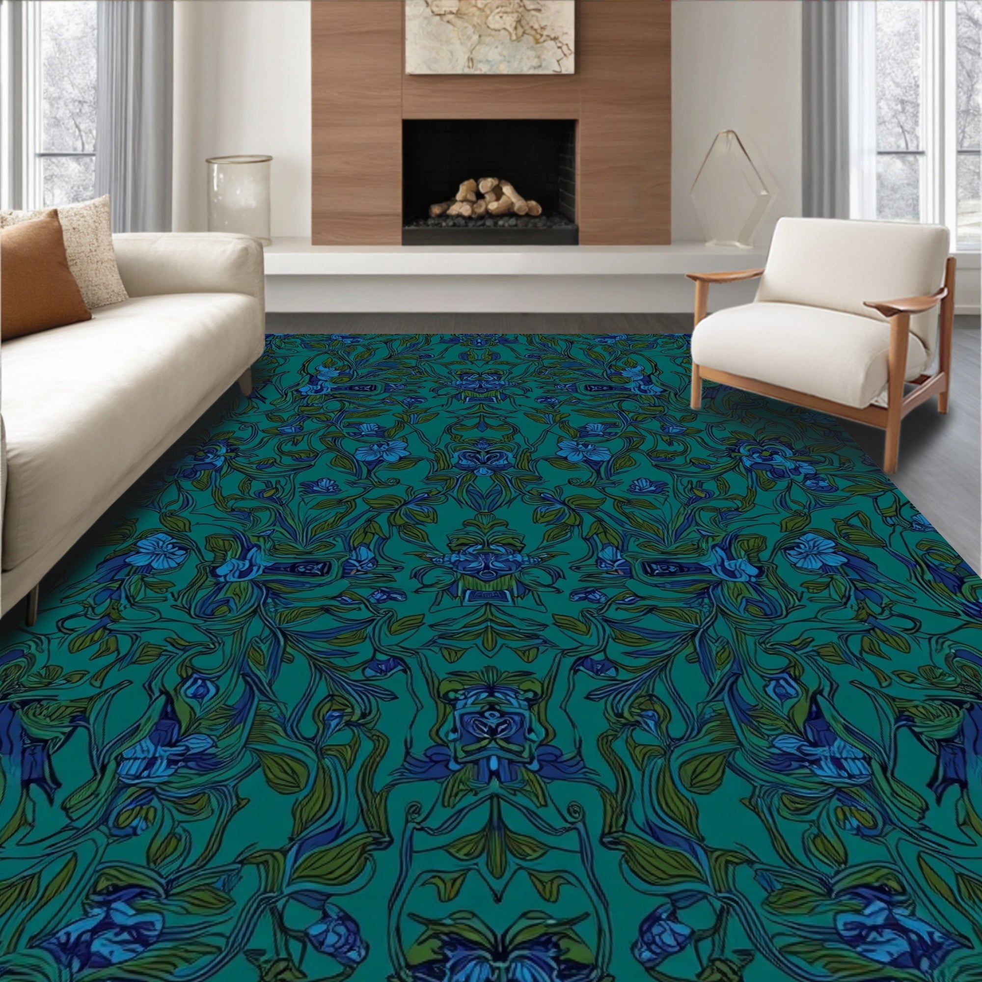 Dark Teal Floral Art Nouveau Rug
