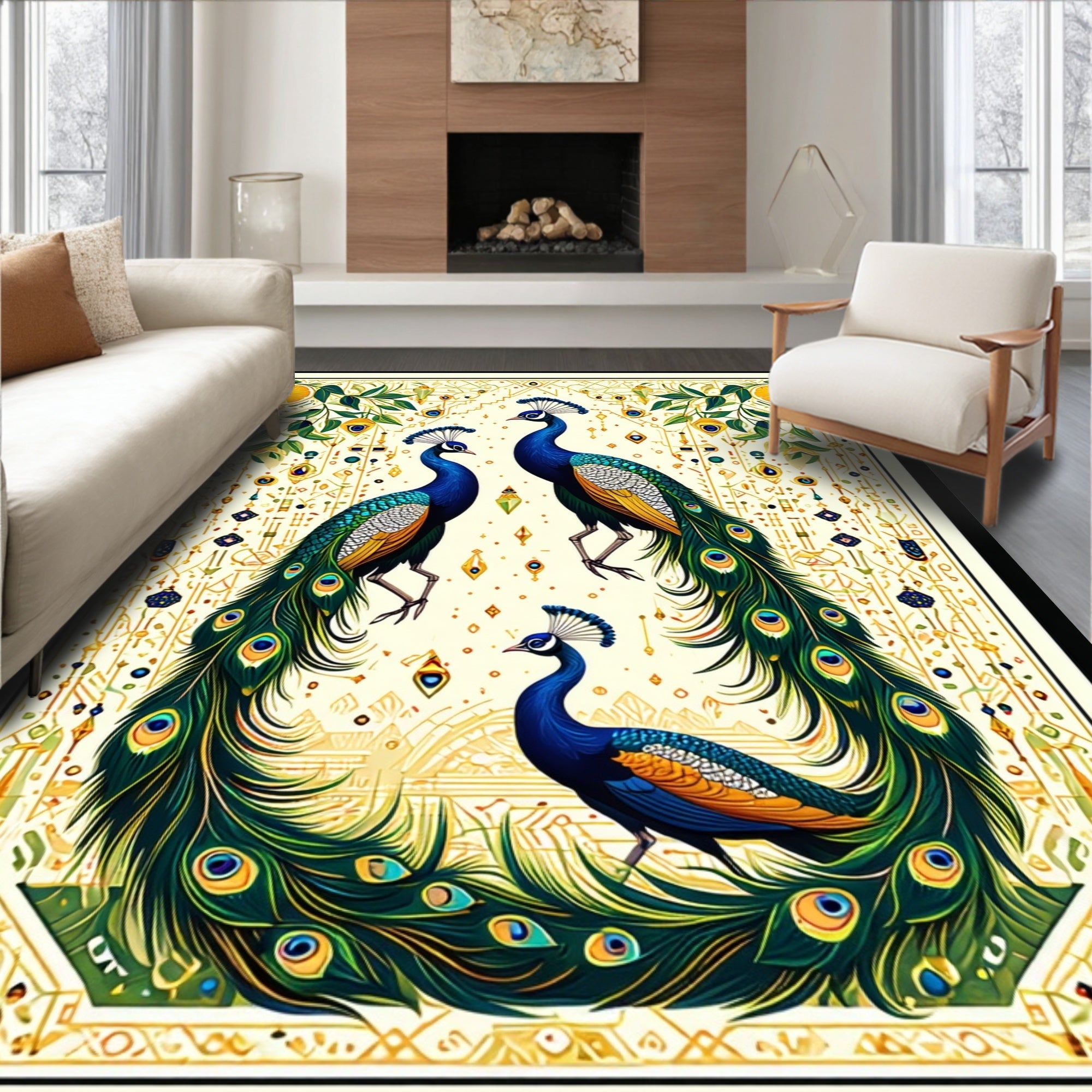 Elegant Peacock Floral Pattern Rug
