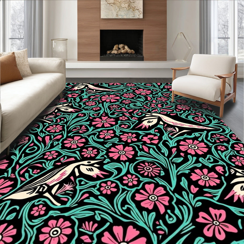 Pink Floral Bird Pattern Rug