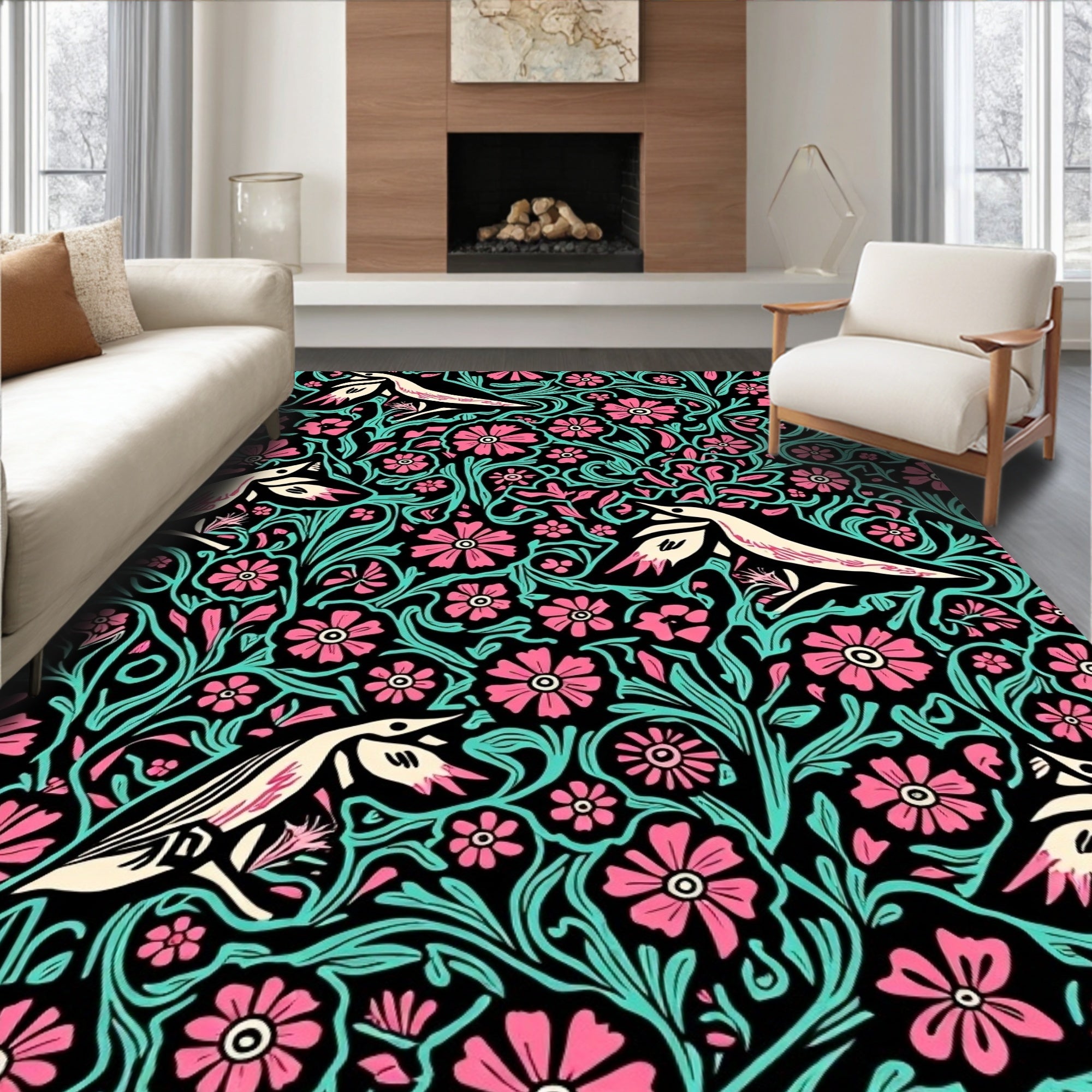 Pink Floral Bird Pattern Rug