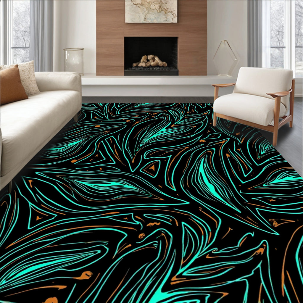Abstract Wavy Teal Copper Strokes Rug