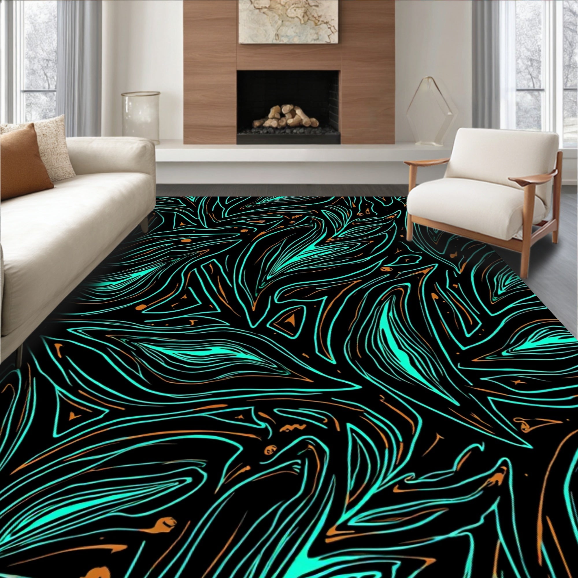 Abstract Wavy Teal Copper Strokes Rug