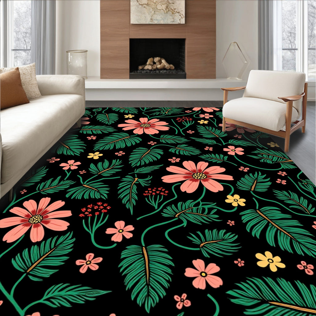 Vibrant Floral Design On Black Canvas Rug