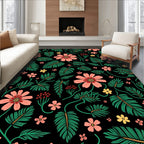 Vibrant Floral Design On Black Canvas Rug