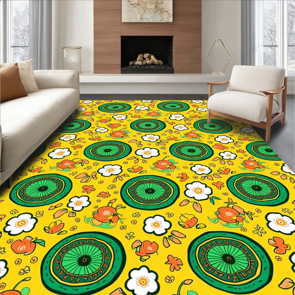 Green Circular Floral Pattern Rug