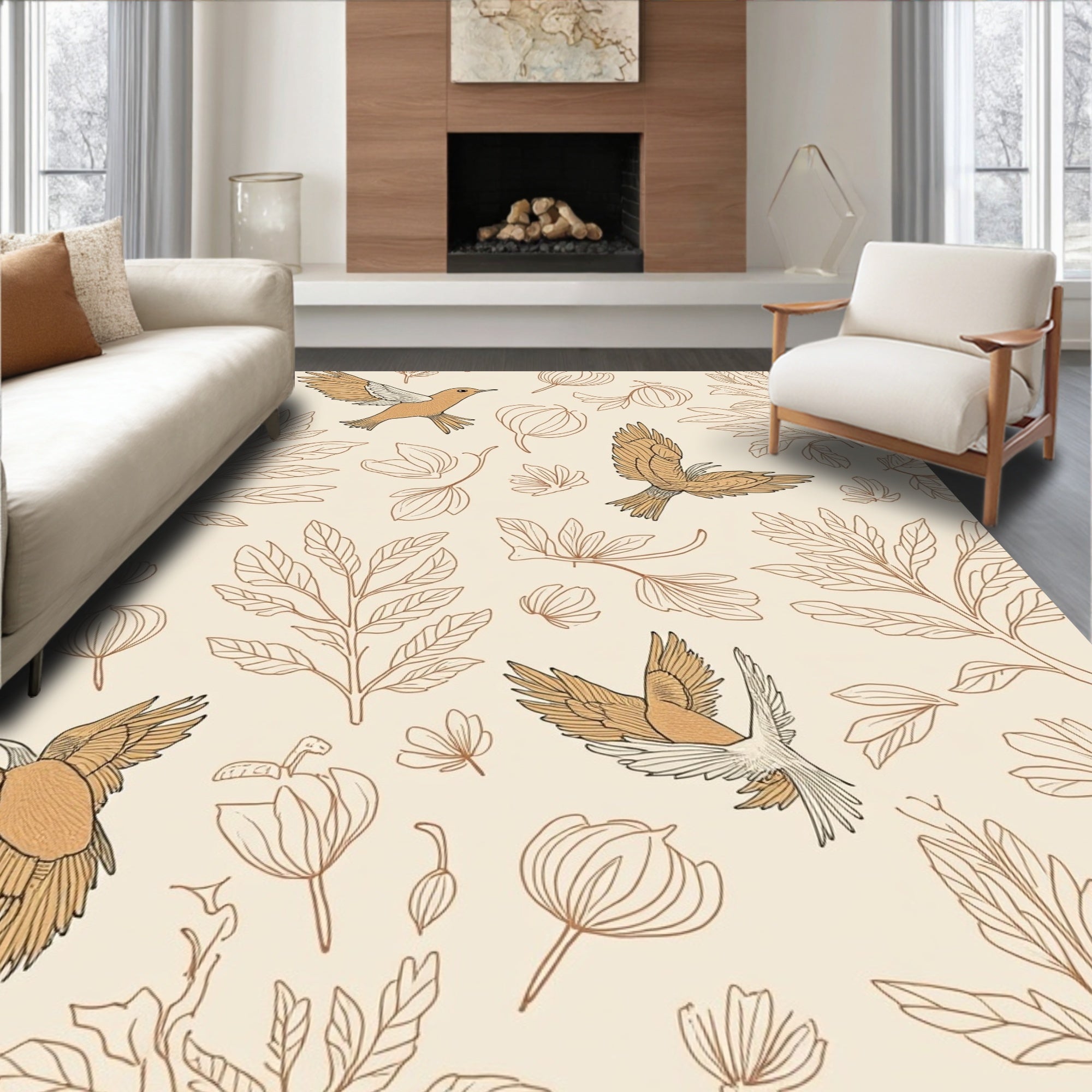 Whimsical Birds and Blooming Branches Pattern Rug