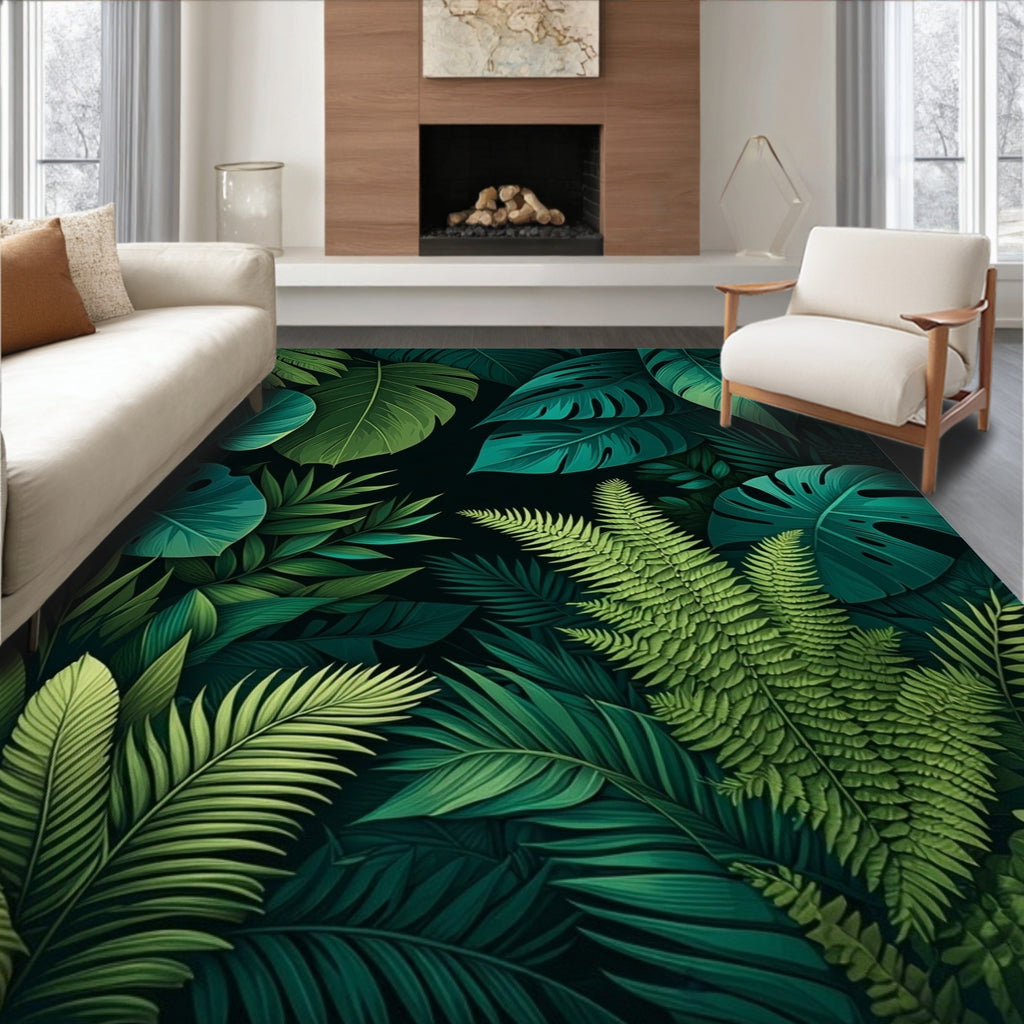 Exotic Tropical Leaf Pattern Dark Rug