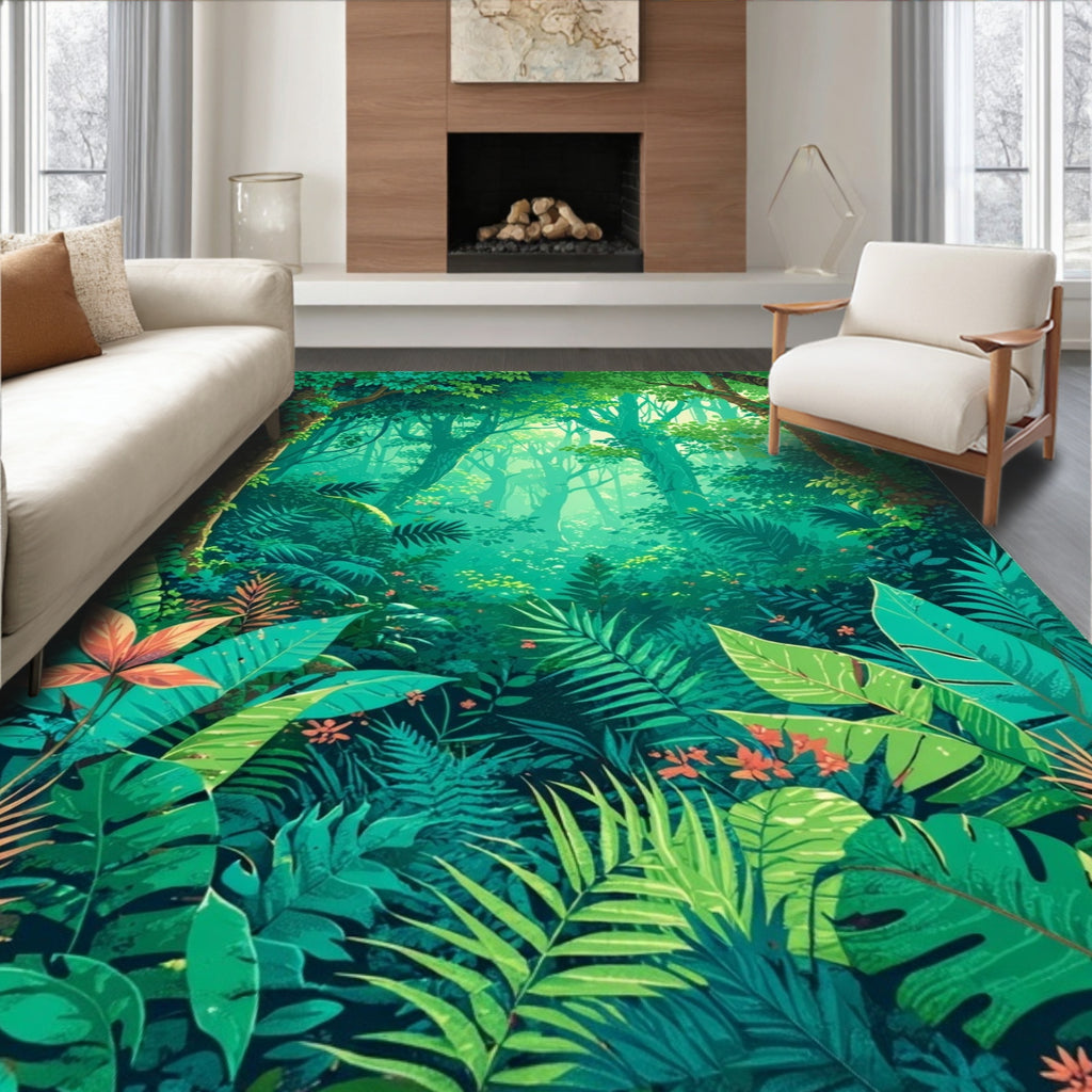 Lush Tropical Jungle Foliage Pattern Rug