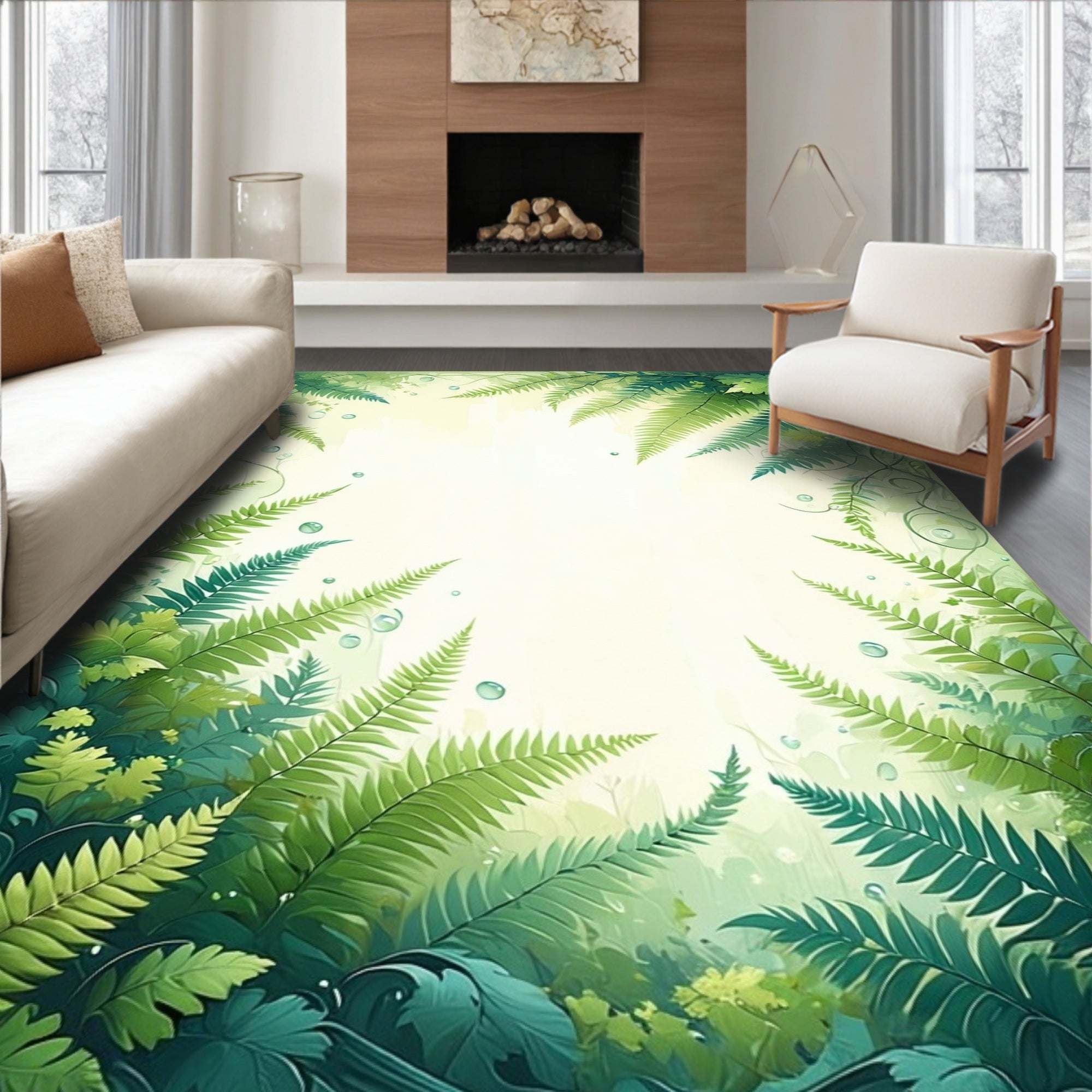 Lush Green Ferns With Water Drops Design Rug