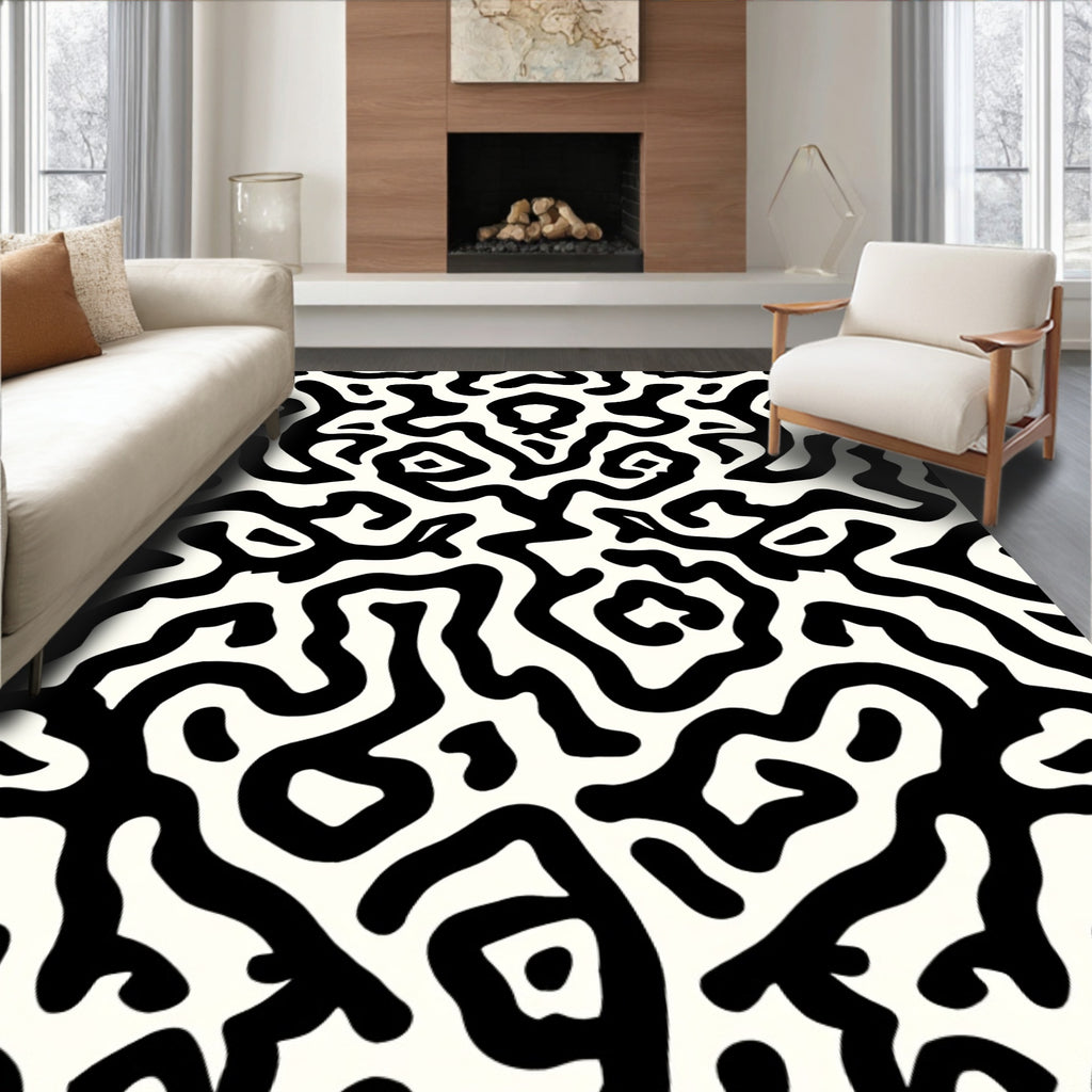 Black White Organic Maze Pattern Rug