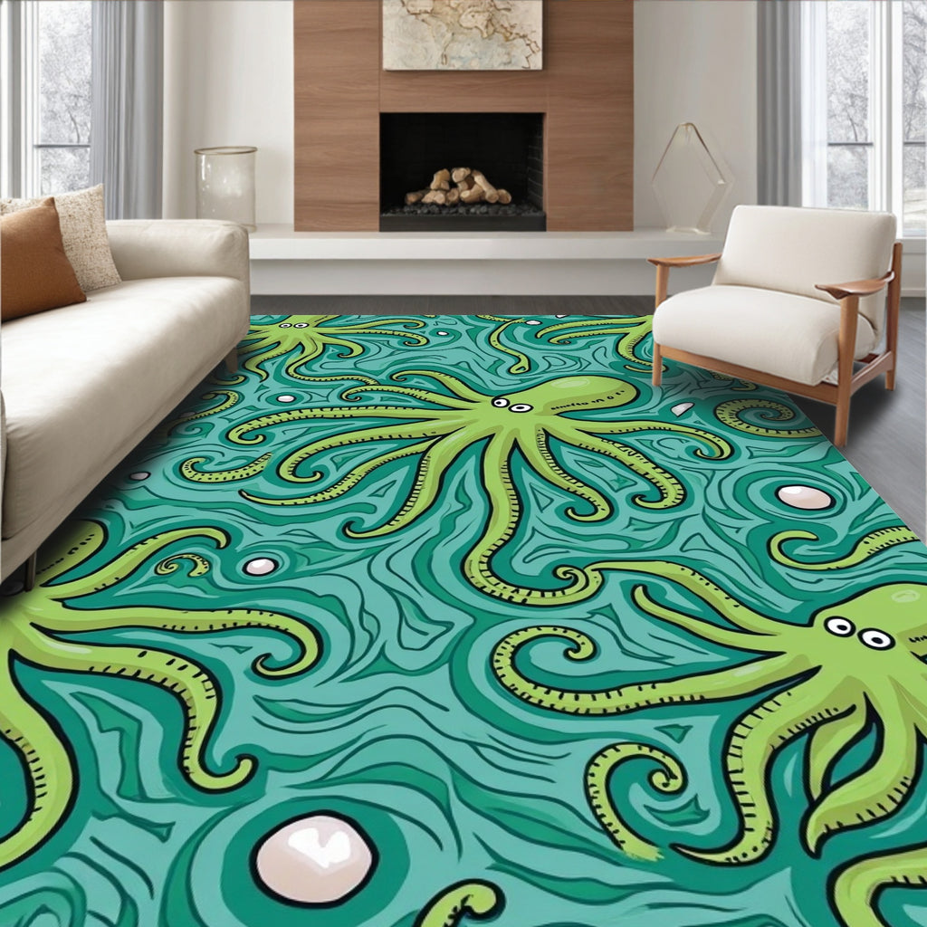 Whimsical Green Octopus Pattern Rug