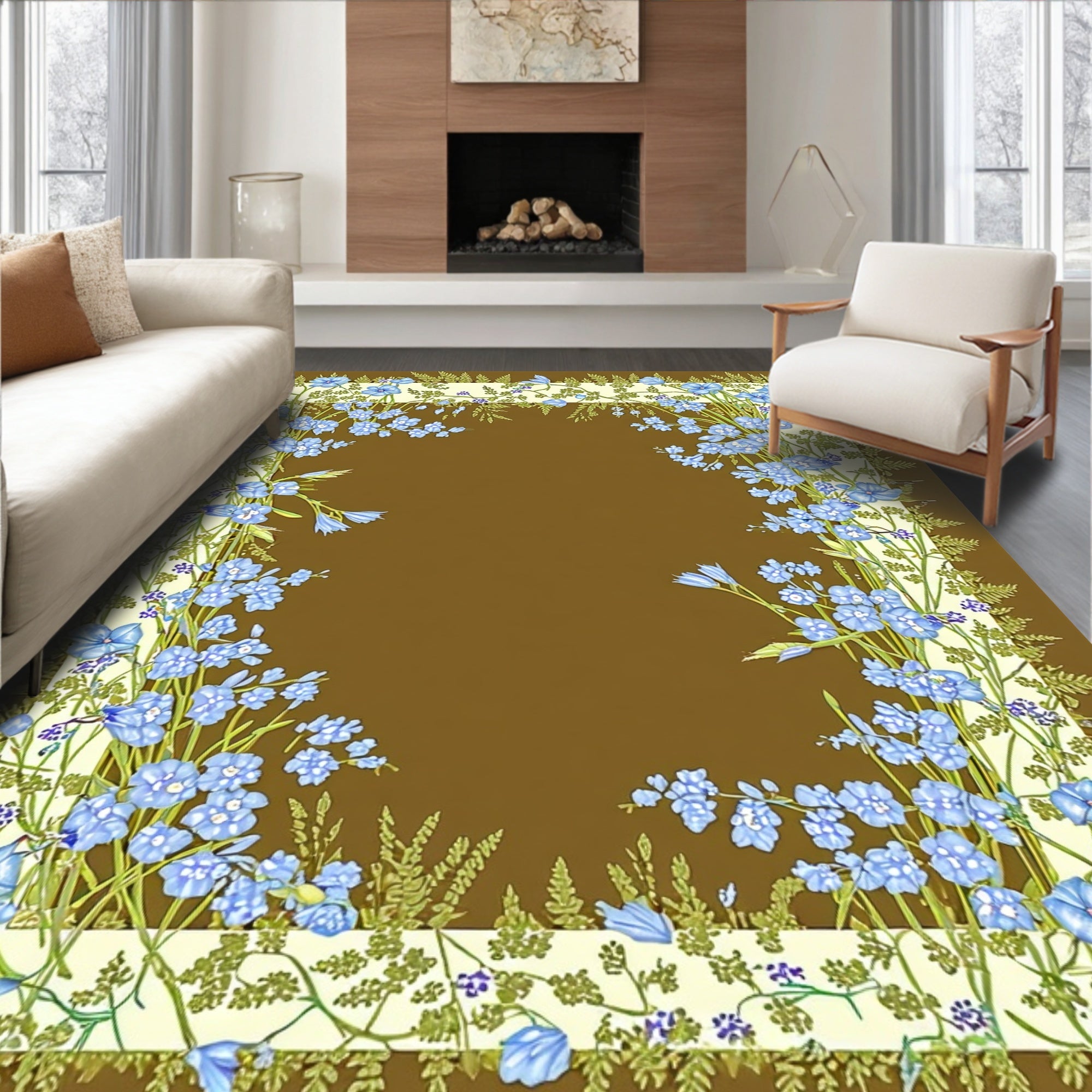 Blue Floral Vine Border Design Rug