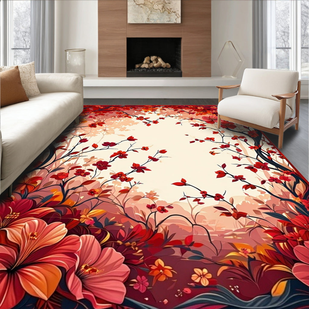 Vibrant Red Floral Branch Design Rug