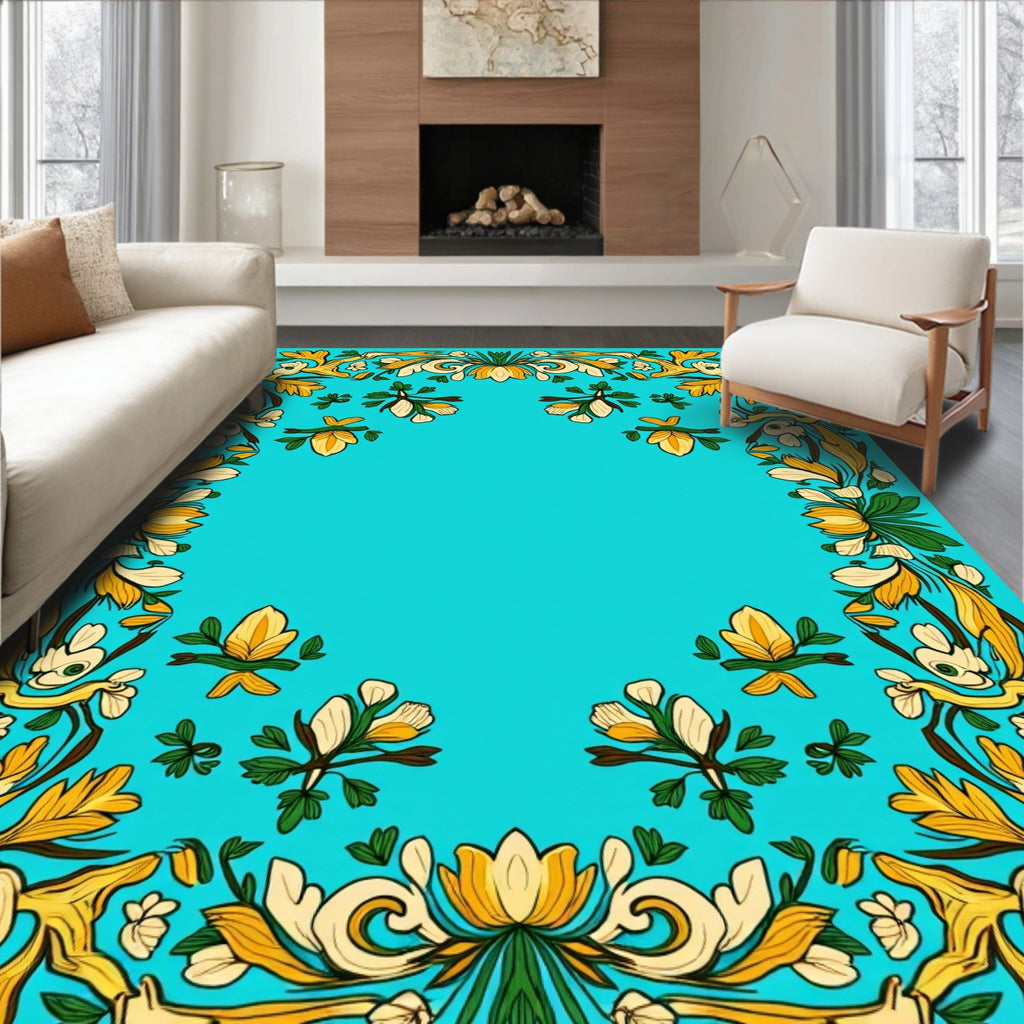 Elegant Yellow Floral Border Pattern Rug