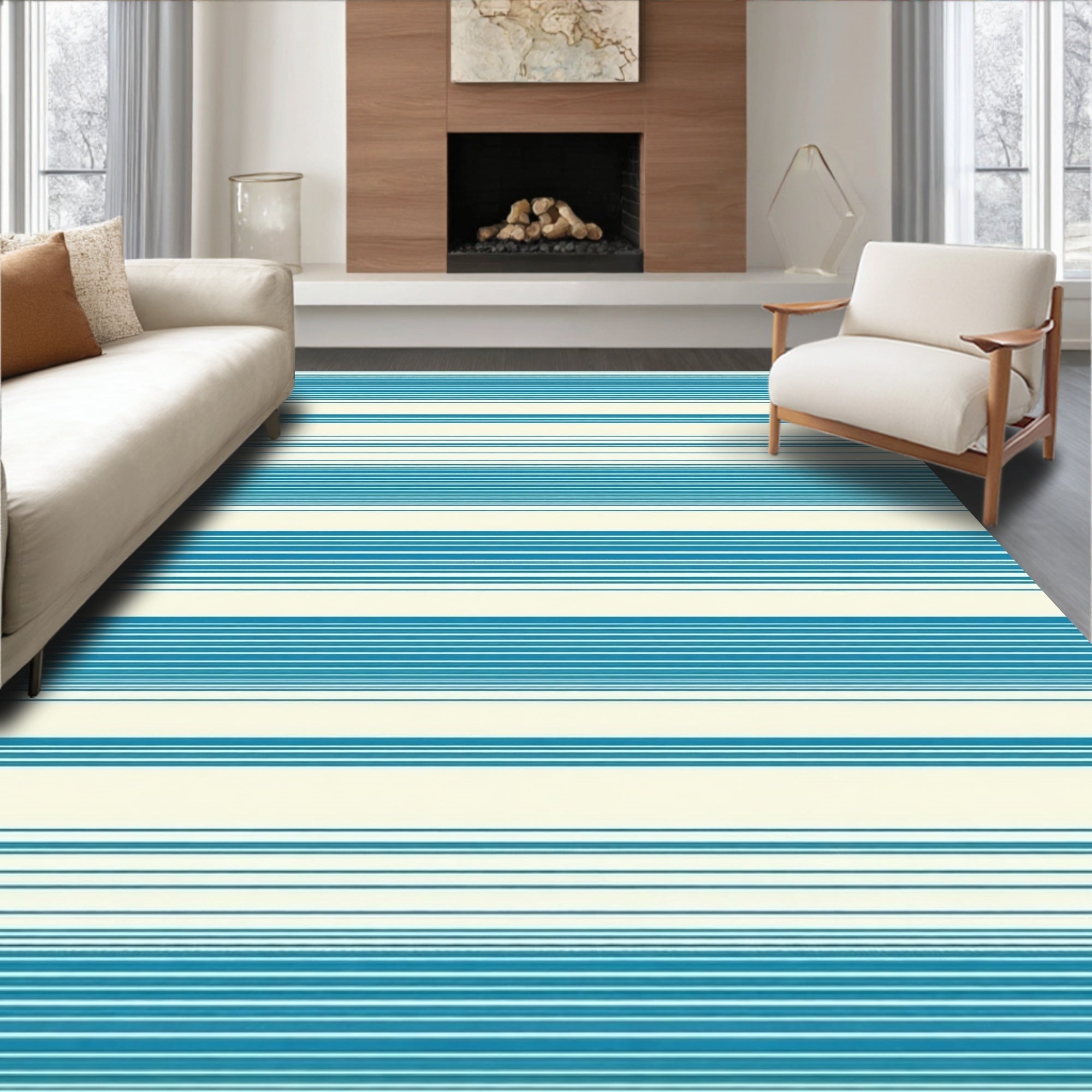 Classic Teal And Cream Striped Rug