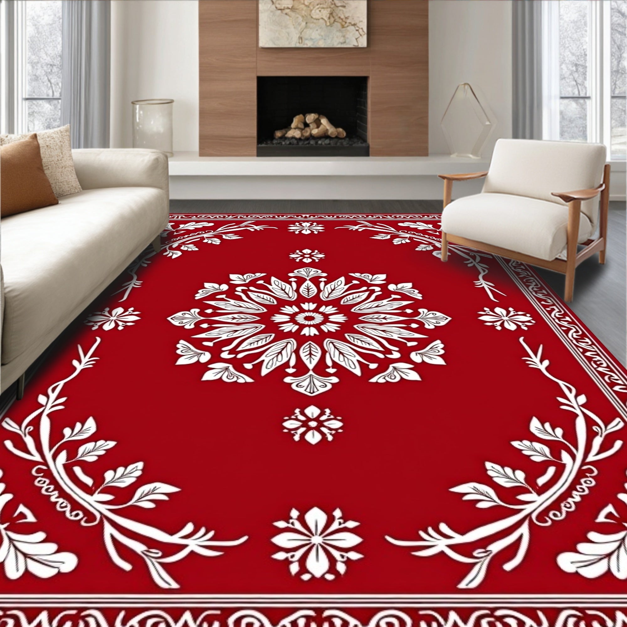Crimson Medallion Botanical Border Rug