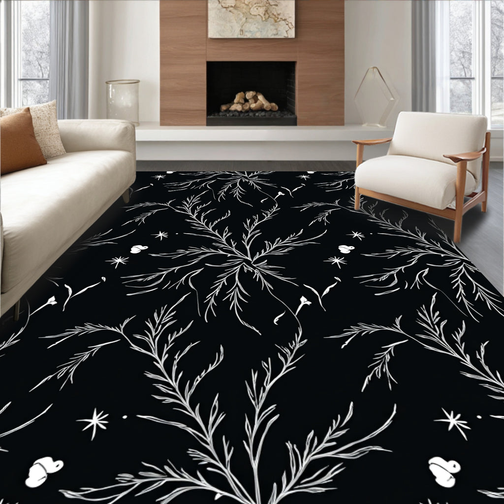 Dark White Botanical Swirl Accents Rug