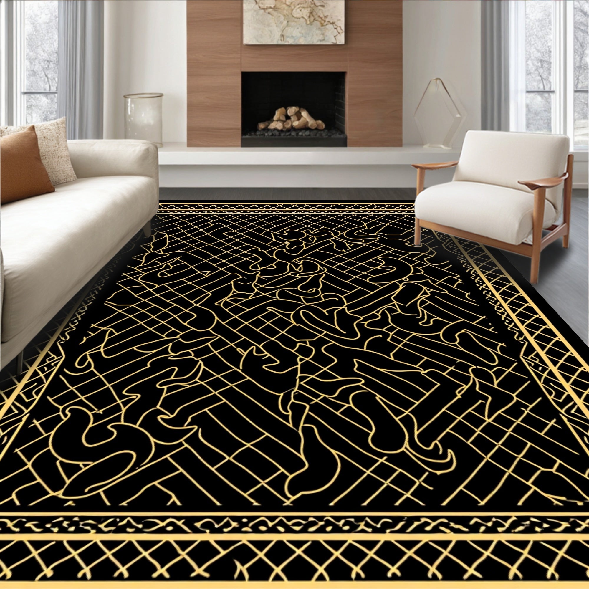 Bold Black Gold Abstract Art Rug
