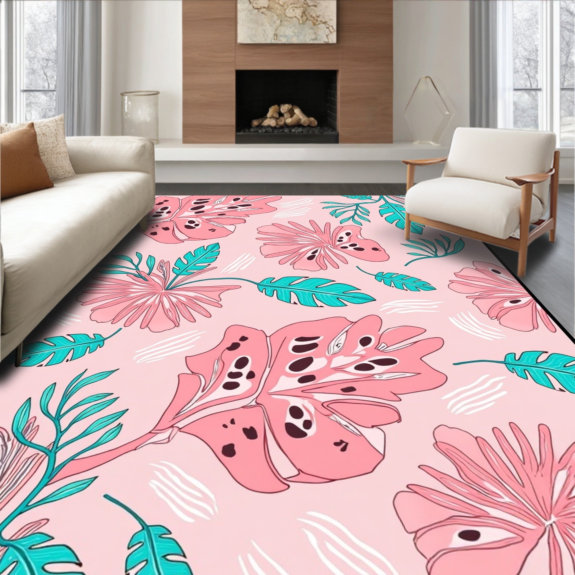 Tropical Leaves Blossoms Pattern Rug