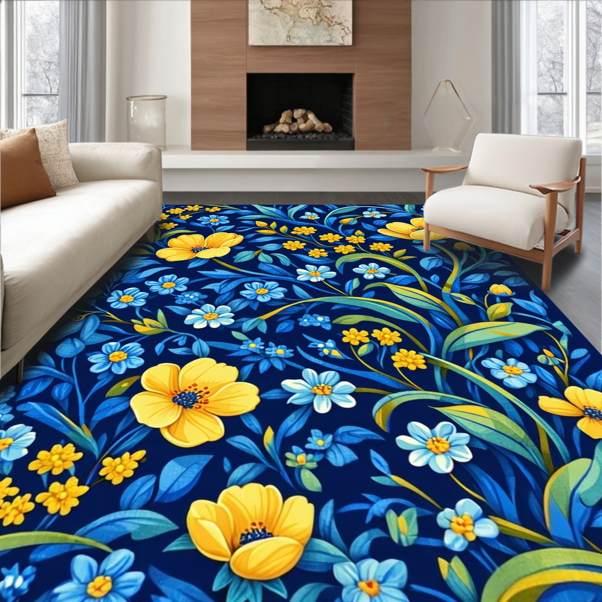 Navy Blue Floral Pattern Rug