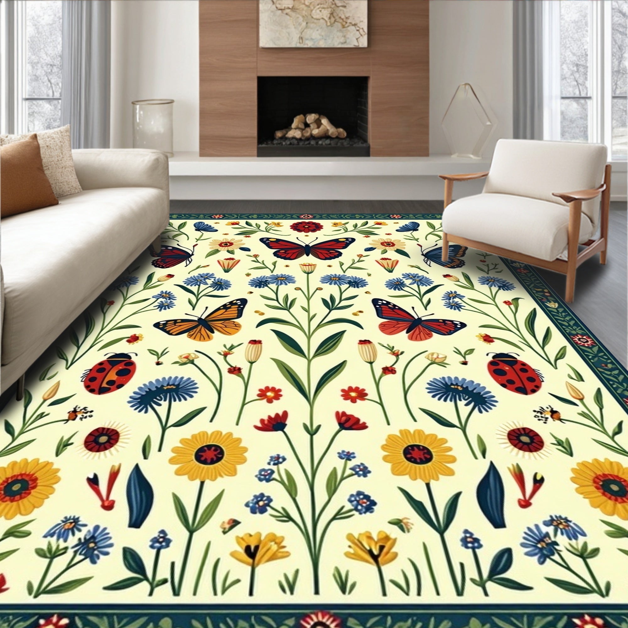 Whimsical Butterflies Garden Blooms Rug