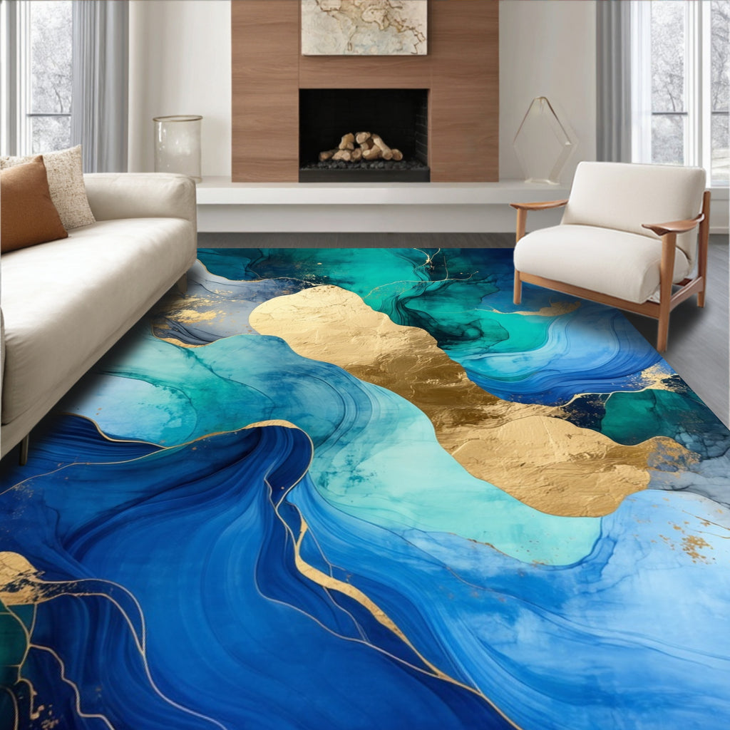 Abstract Blue Gold Fluid Waves Rug
