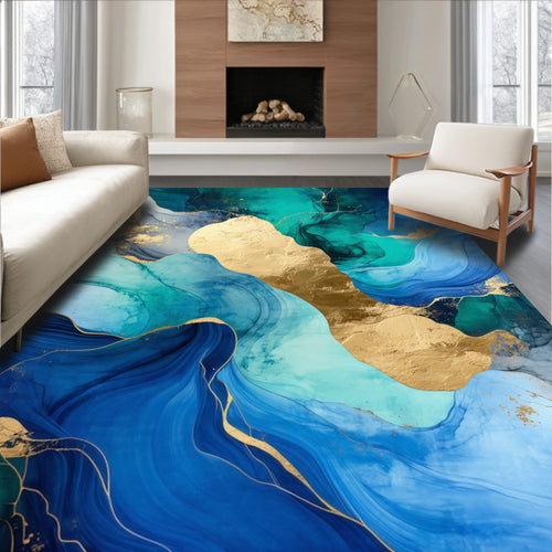 Abstract Blue Gold Fluid Waves Rug