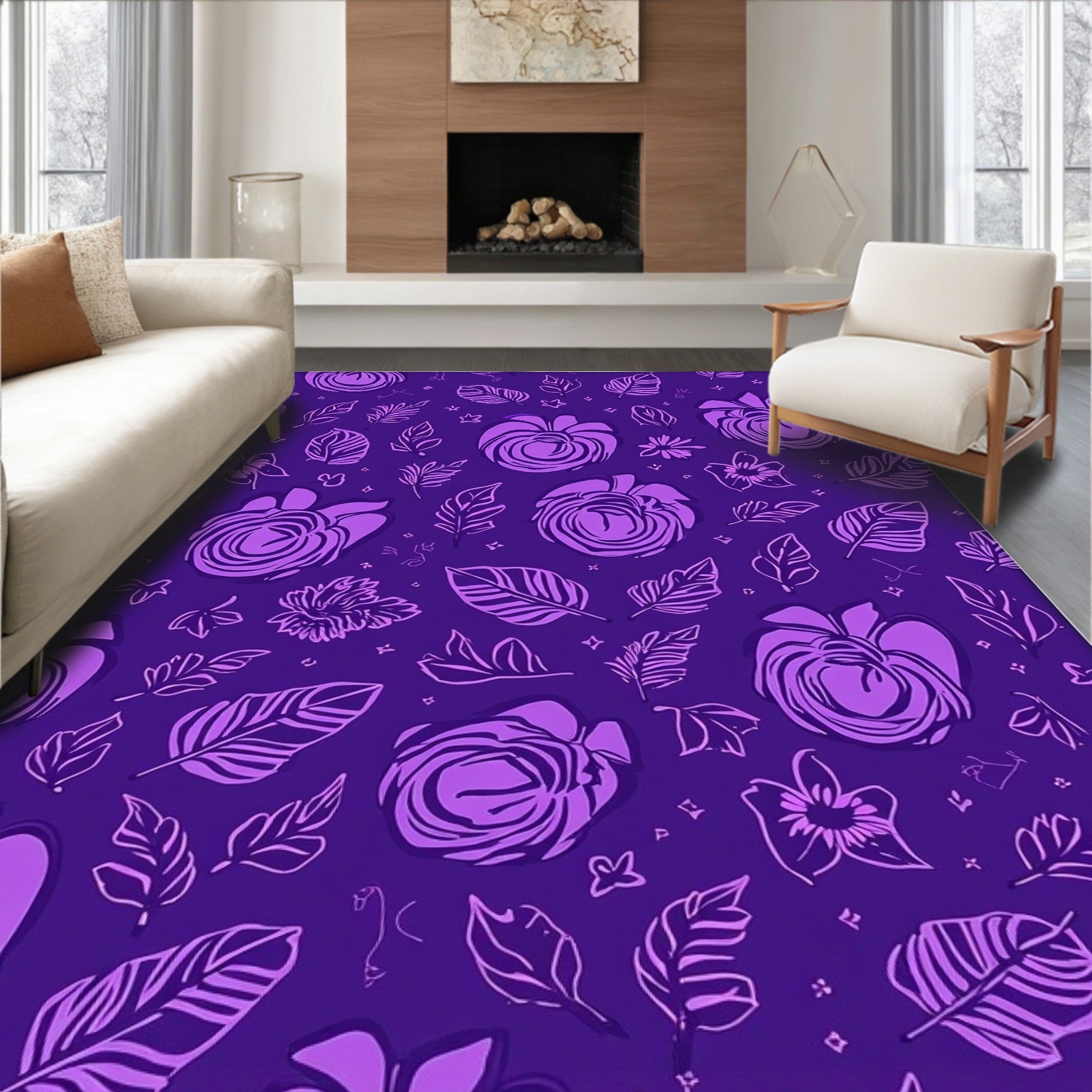 Purple Floral Leaf Pattern Design Rug