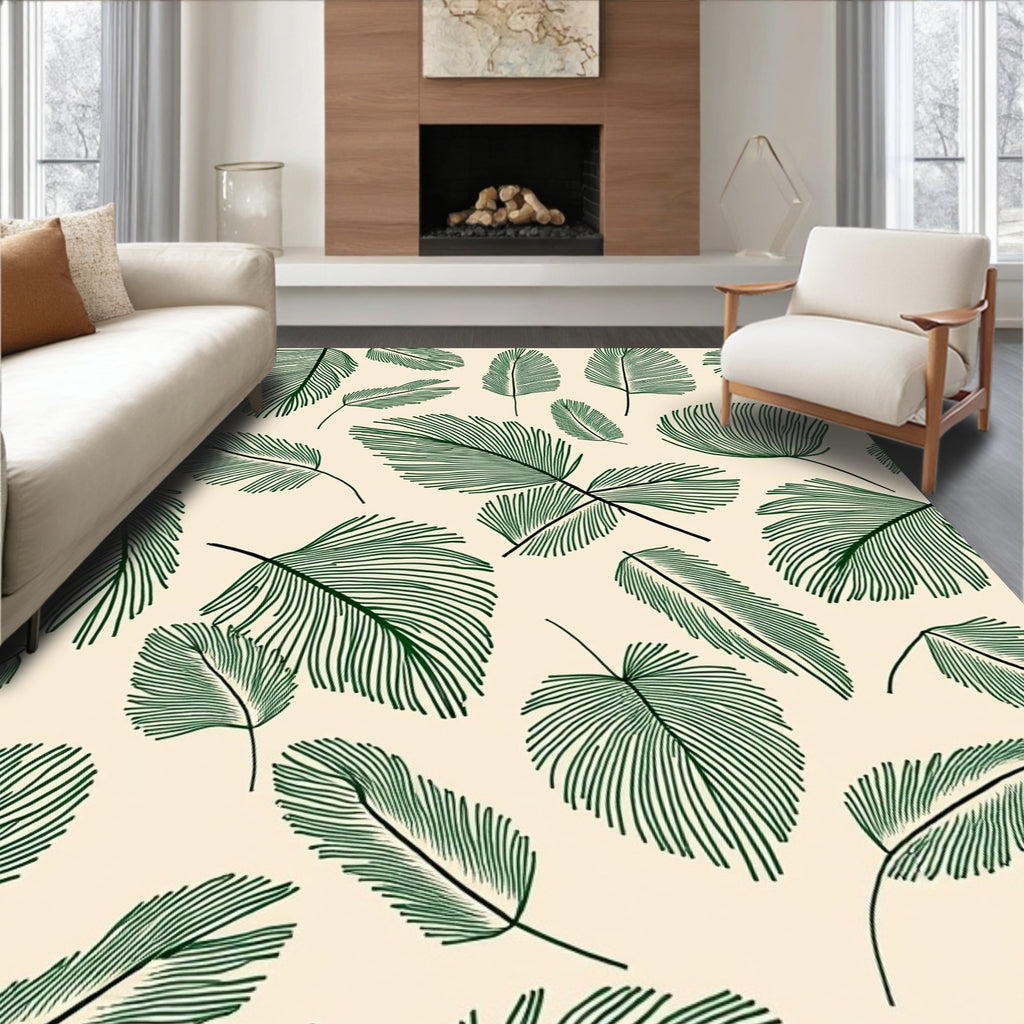 Green Leaf Patterned Contemporary Rug