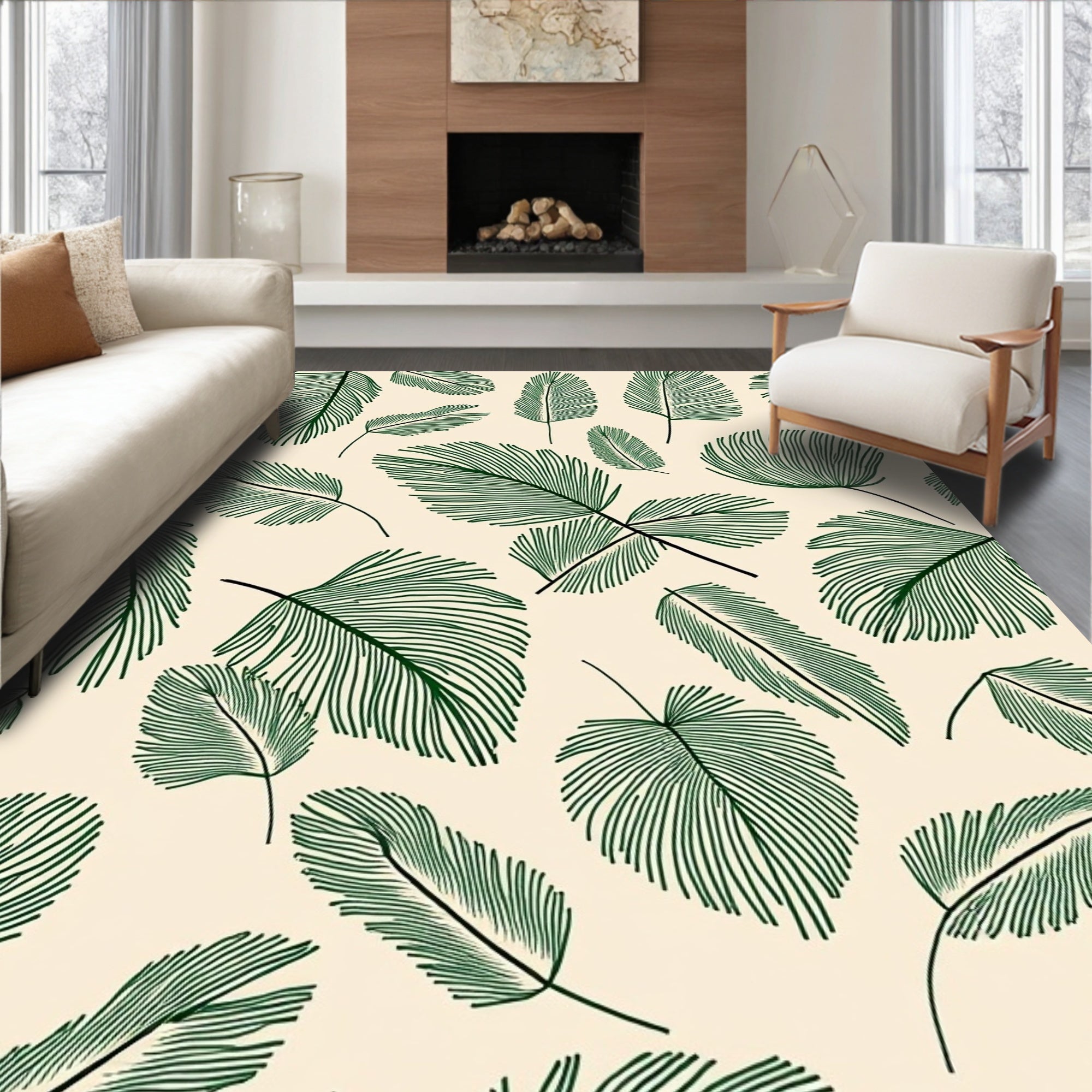 Green Leaf Patterned Contemporary Rug