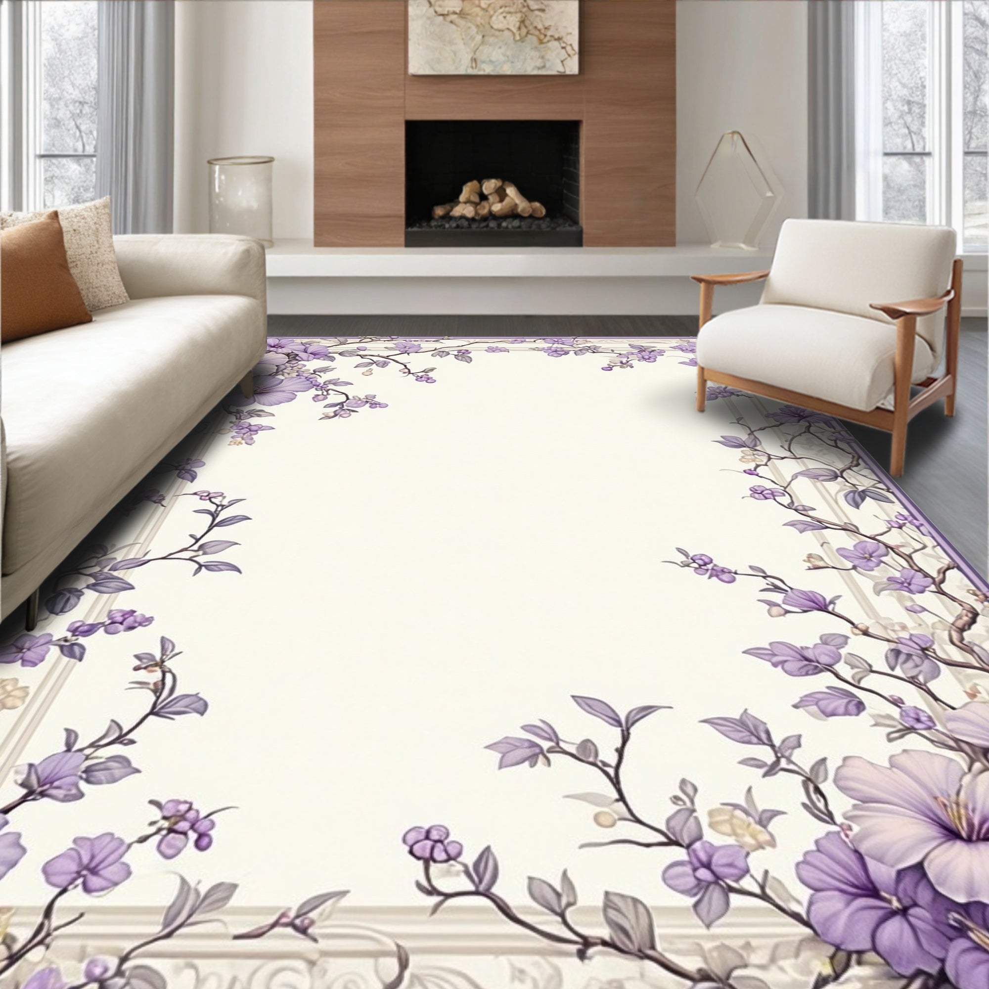 Floral Border With Lavender Accents Rug